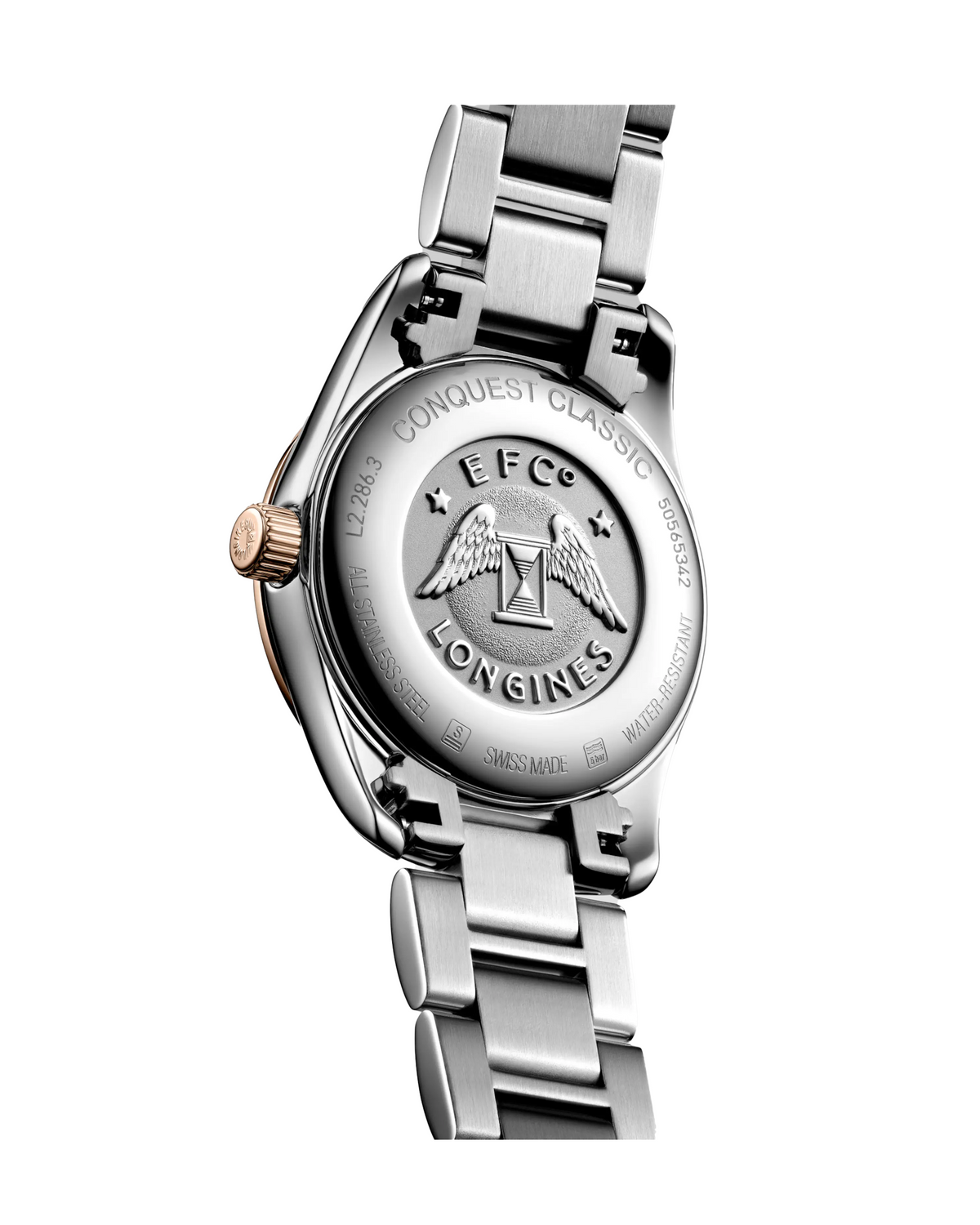 Longines Conquest Classic L22863727 quartz watch, stainless steel case with two-tone bracelet — side view