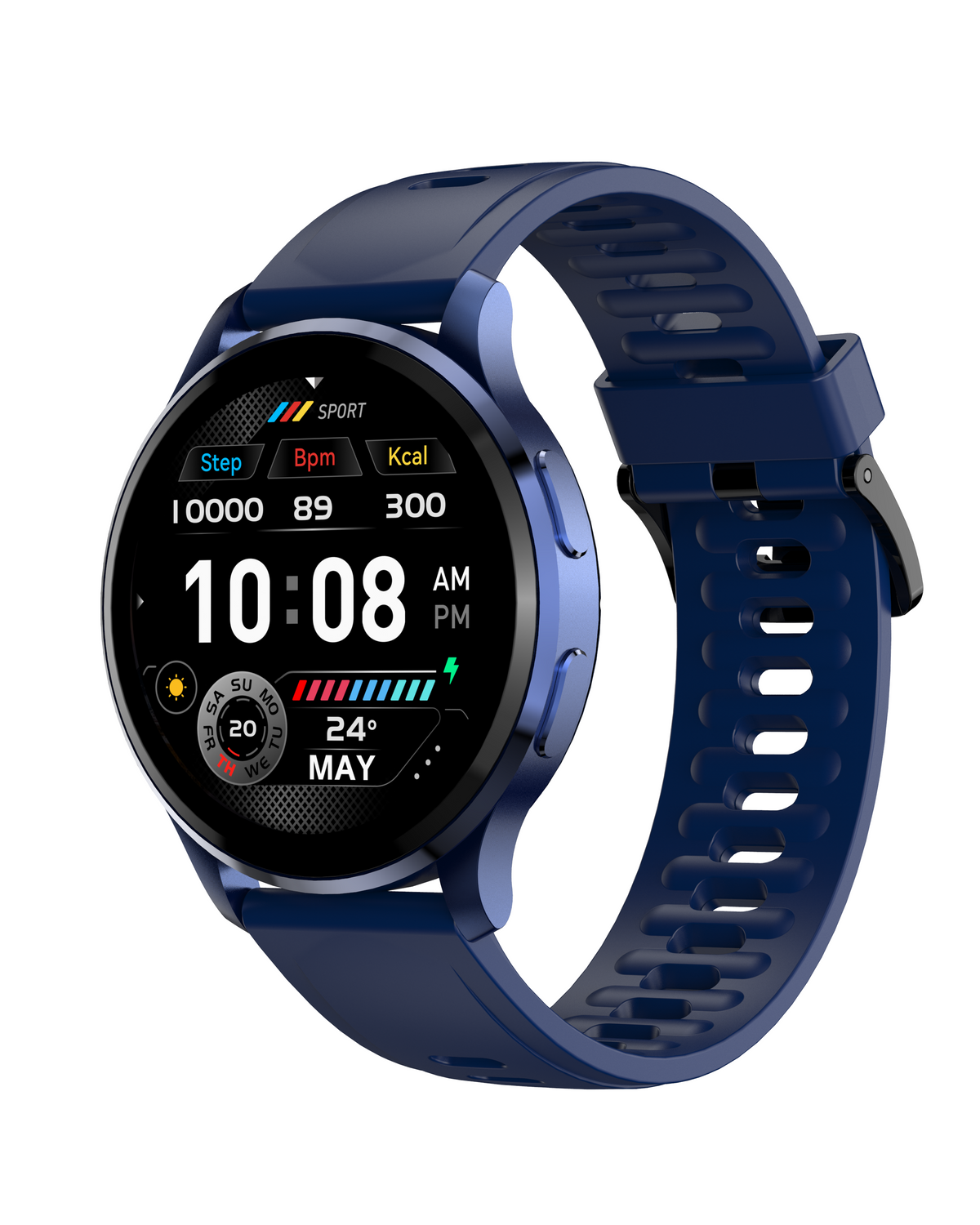 East Apex M66 midnight blue smartwatch – side view showing case and strap