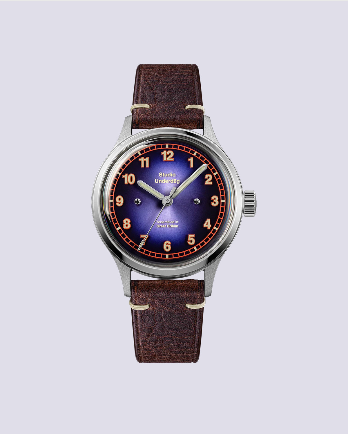 Studio Underd0g 02SERIES Nightshade Gen2 watch - front view with purple-blue dial