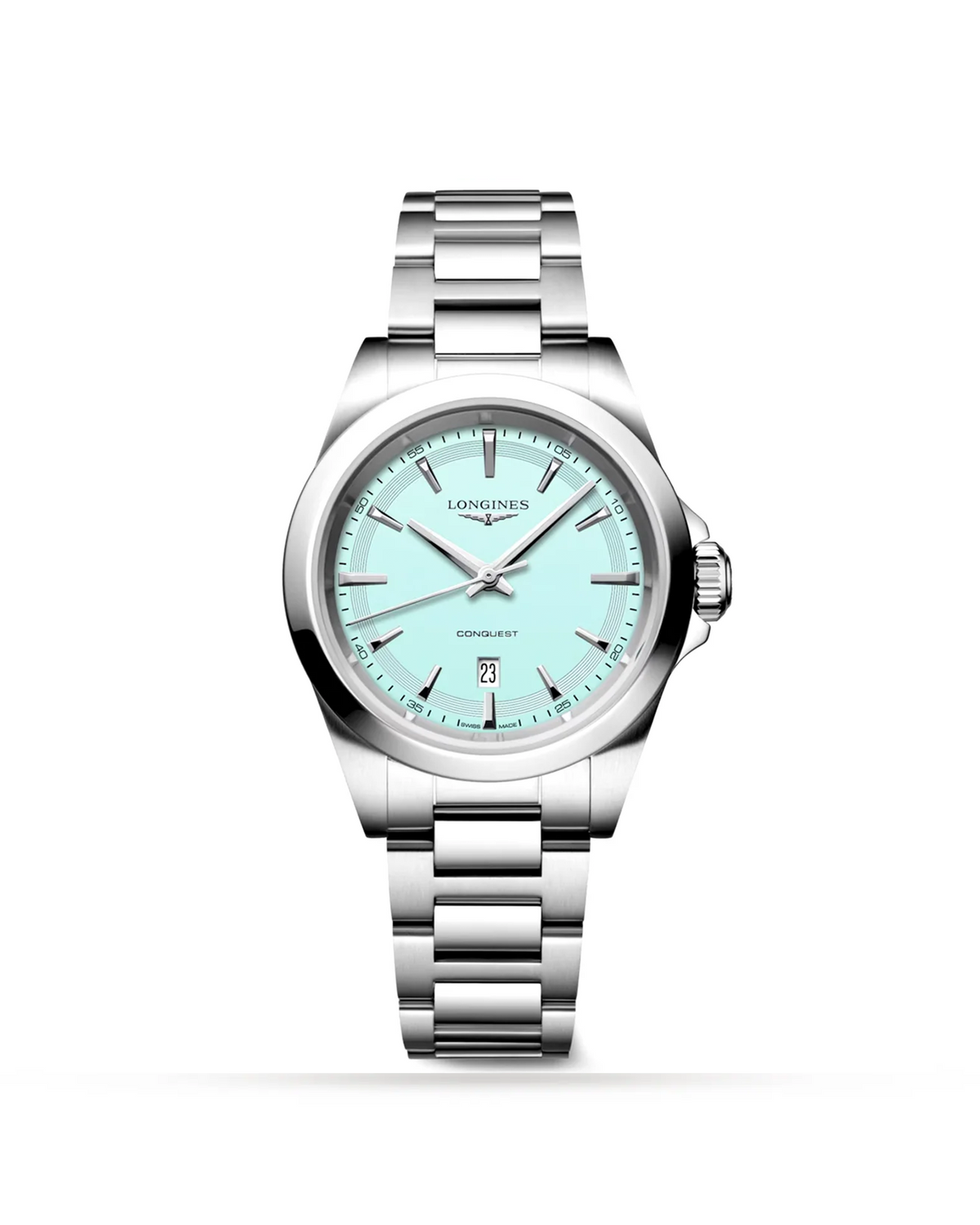 Longines Conquest L33504926 automatic chronograph watch, stainless steel case with ceramic bezel and blue dial — front view
