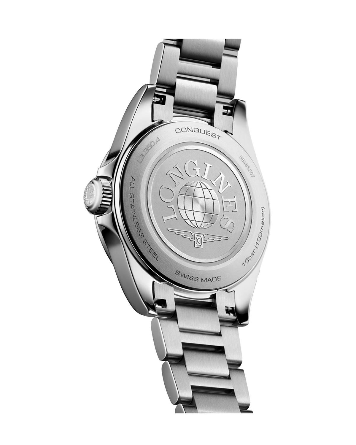Longines Conquest L33504926 automatic chronograph watch, stainless steel case with ceramic bezel and blue dial — side view
