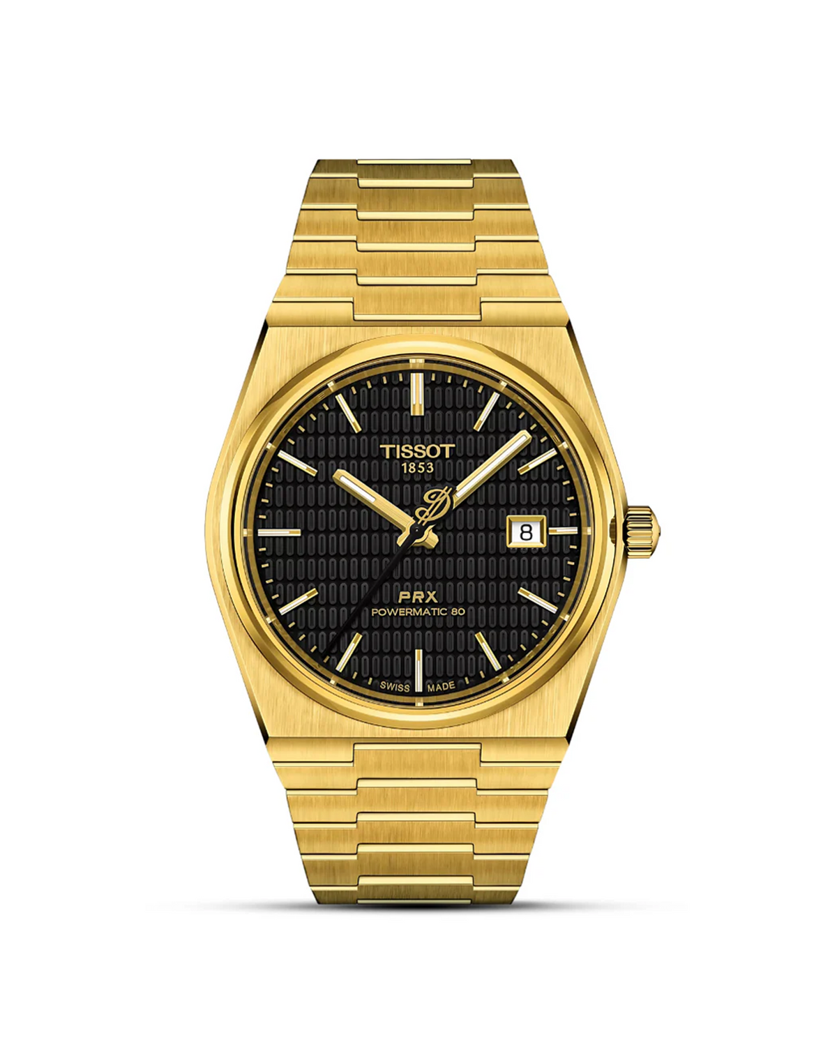 Gold Tissot watch with black face on a white background