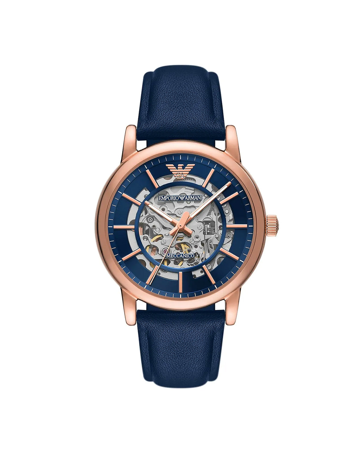 Emporio Armani AR60050 Luigi Meccanico watch, front view of blue dial and rose gold-tone case
