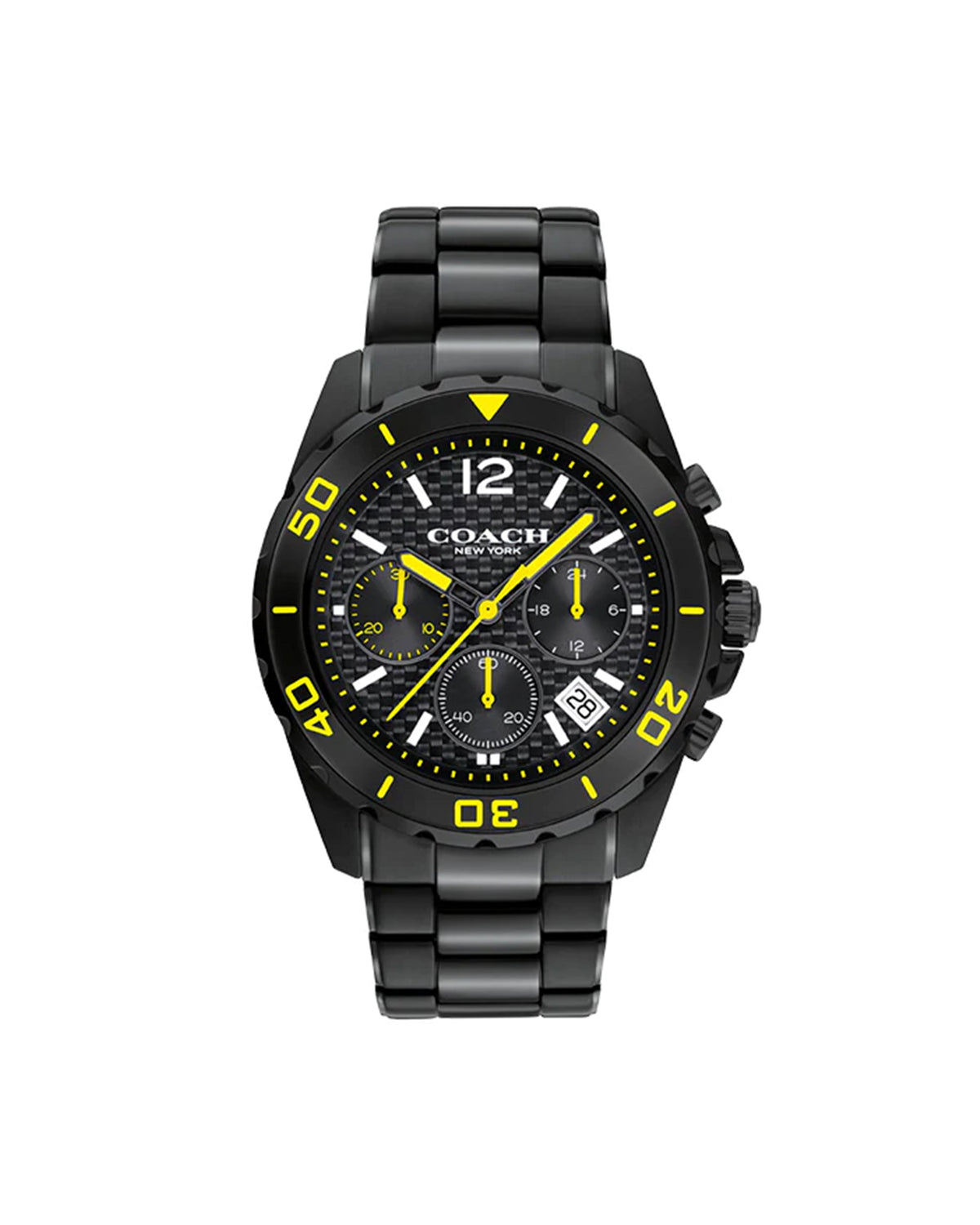 Coach Kent Chronograph 14602563 with black ionic-plated case, carbon fiber dial, and black bracelet – front view
