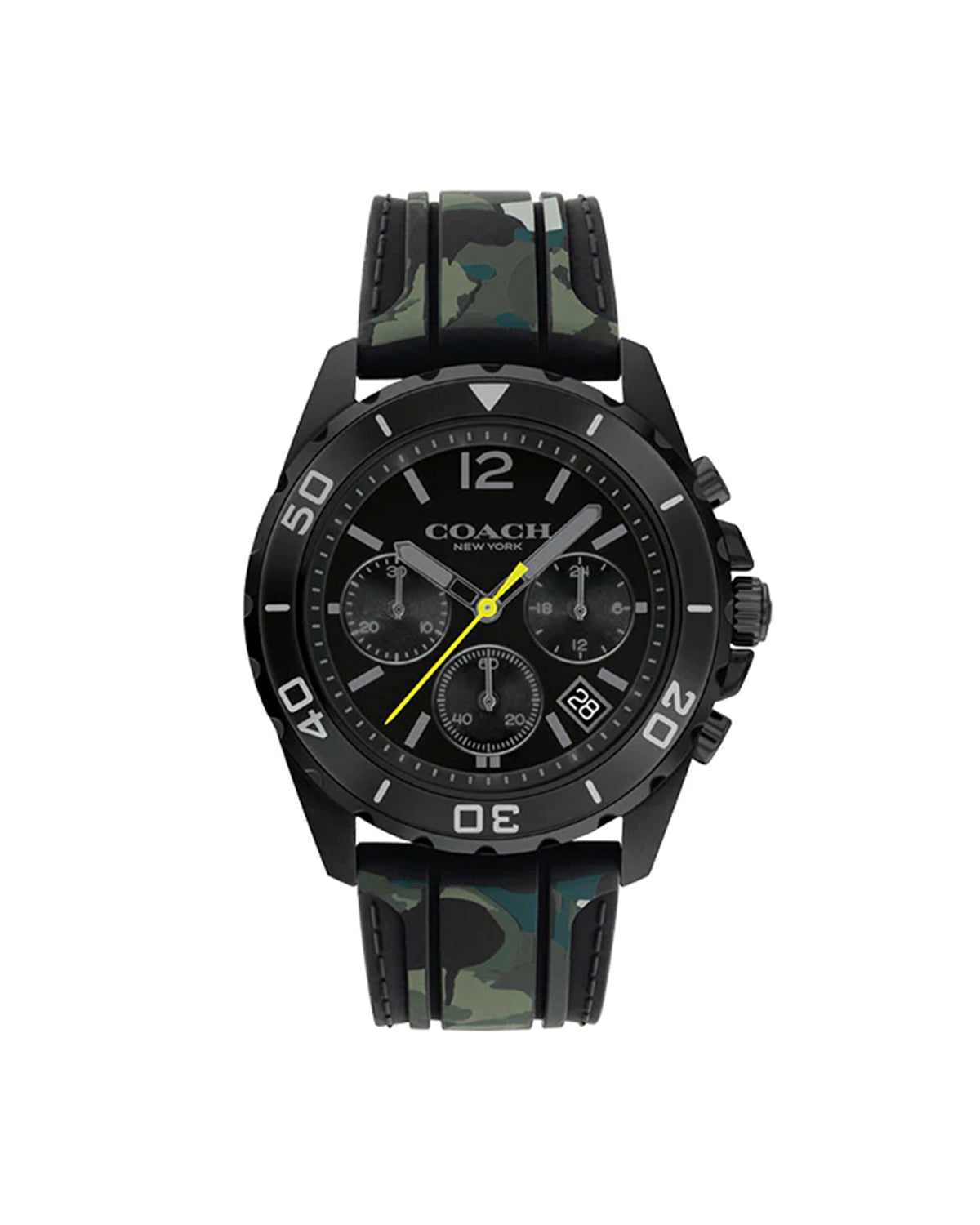 Coach Kent Chronograph 14602567 with black ionic-plated case and camo rubber strap – front view