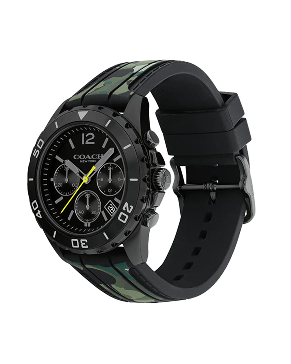Coach Kent Chronograph 14602567 camo rubber strap watch – angled view