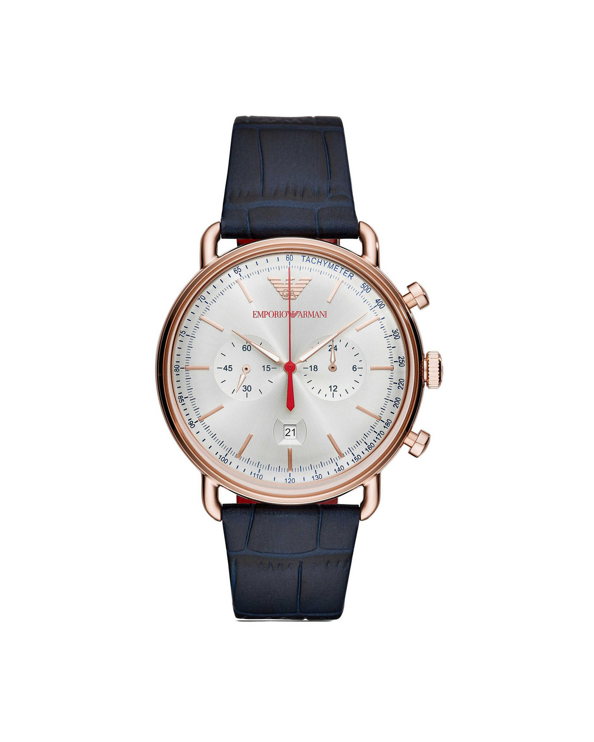 Emporio Armani AR11123 Aviator men's chronograph, rose-gold case, blue leather strap