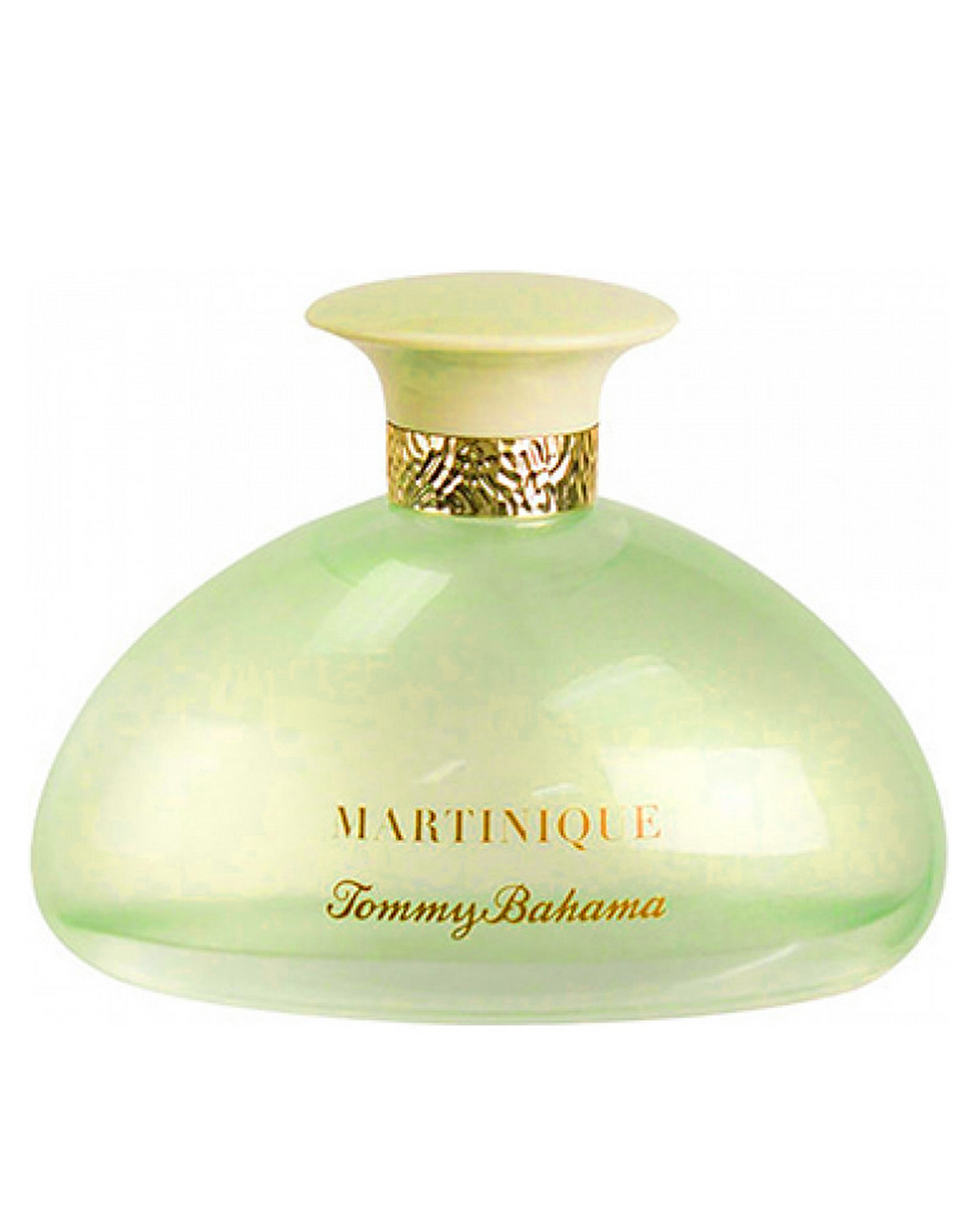 A bottle of Tommy Bahama Set Sail Martinique EDP for women with a green tinted glass and a gold-colored cap.