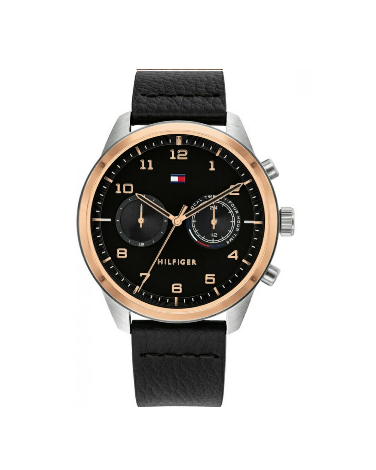Tommy Hilfiger Patrick 1791786 stainless steel watch with black leather strap and rose-gold accents - front view