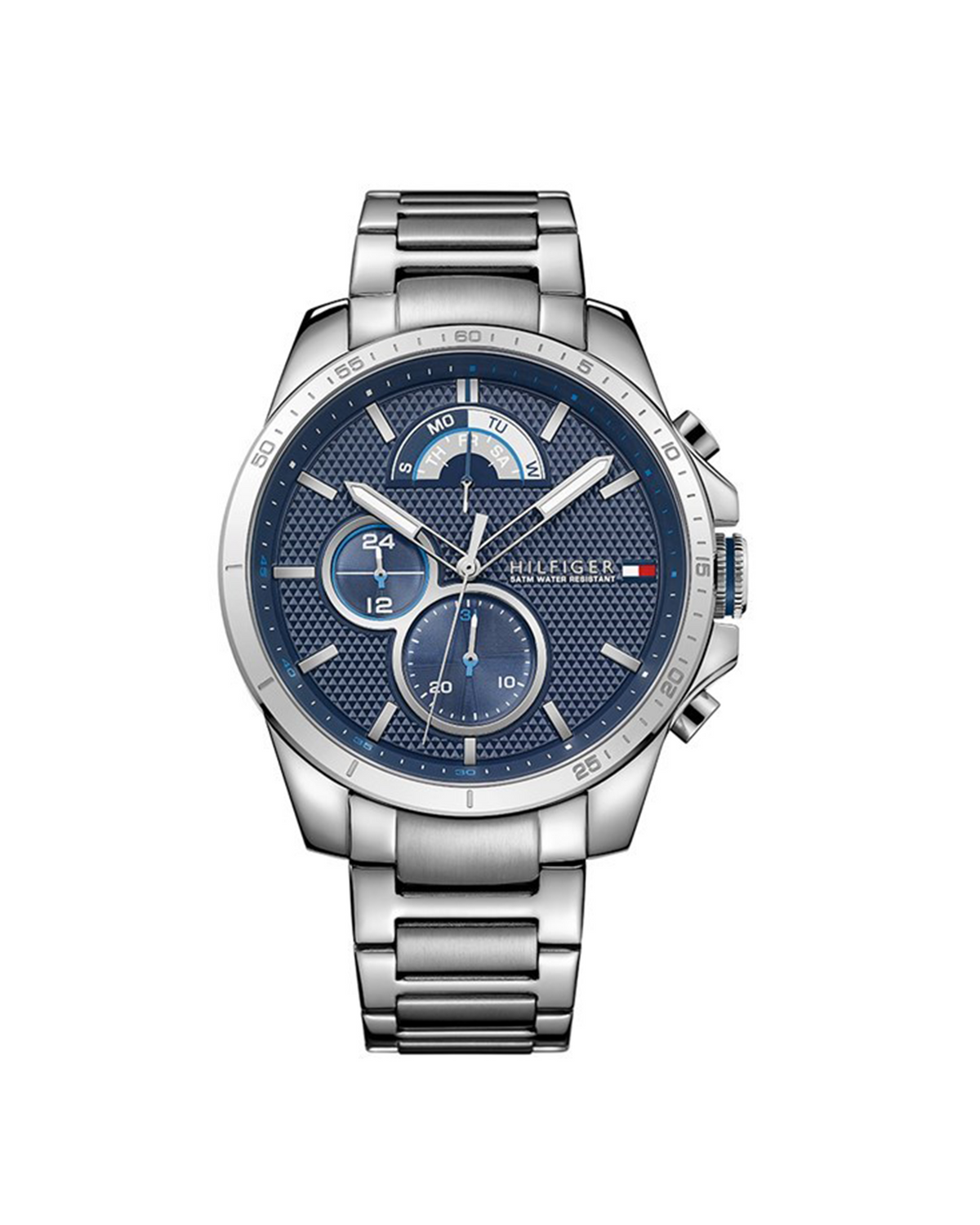 Tommy Hilfiger Decker 1791348 men's stainless steel multifunction watch with blue dial and H-link bracelet