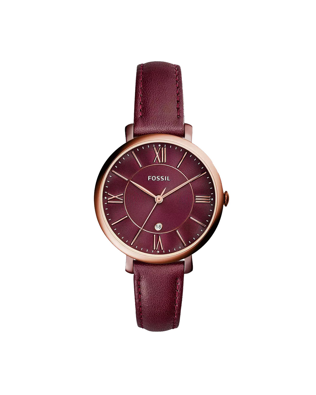 Fossil Jacqueline ES4099 rose gold-tone watch, front view of dial and leather strap