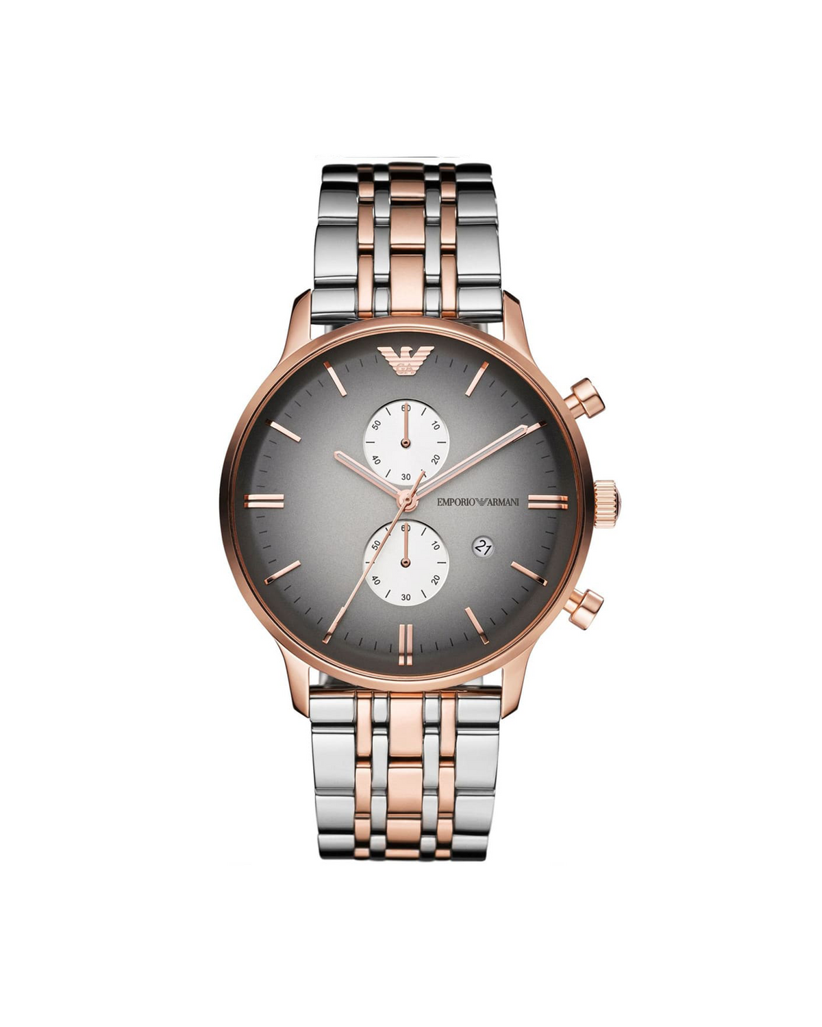 Emporio Armani AR1721 Gianni chronograph, rose-gold tone 43mm case, two-tone bracelet