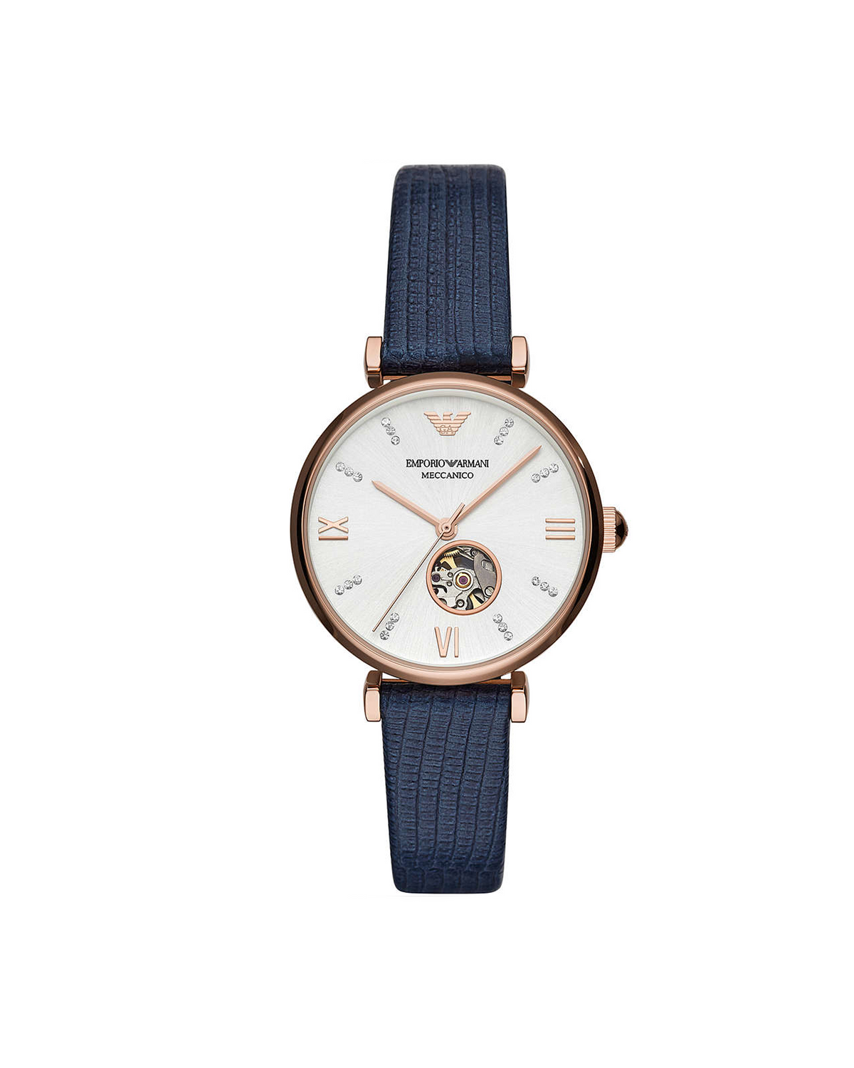 Emporio Armani AR60020 Meccanico women's skeleton watch, rose-gold case, blue strap