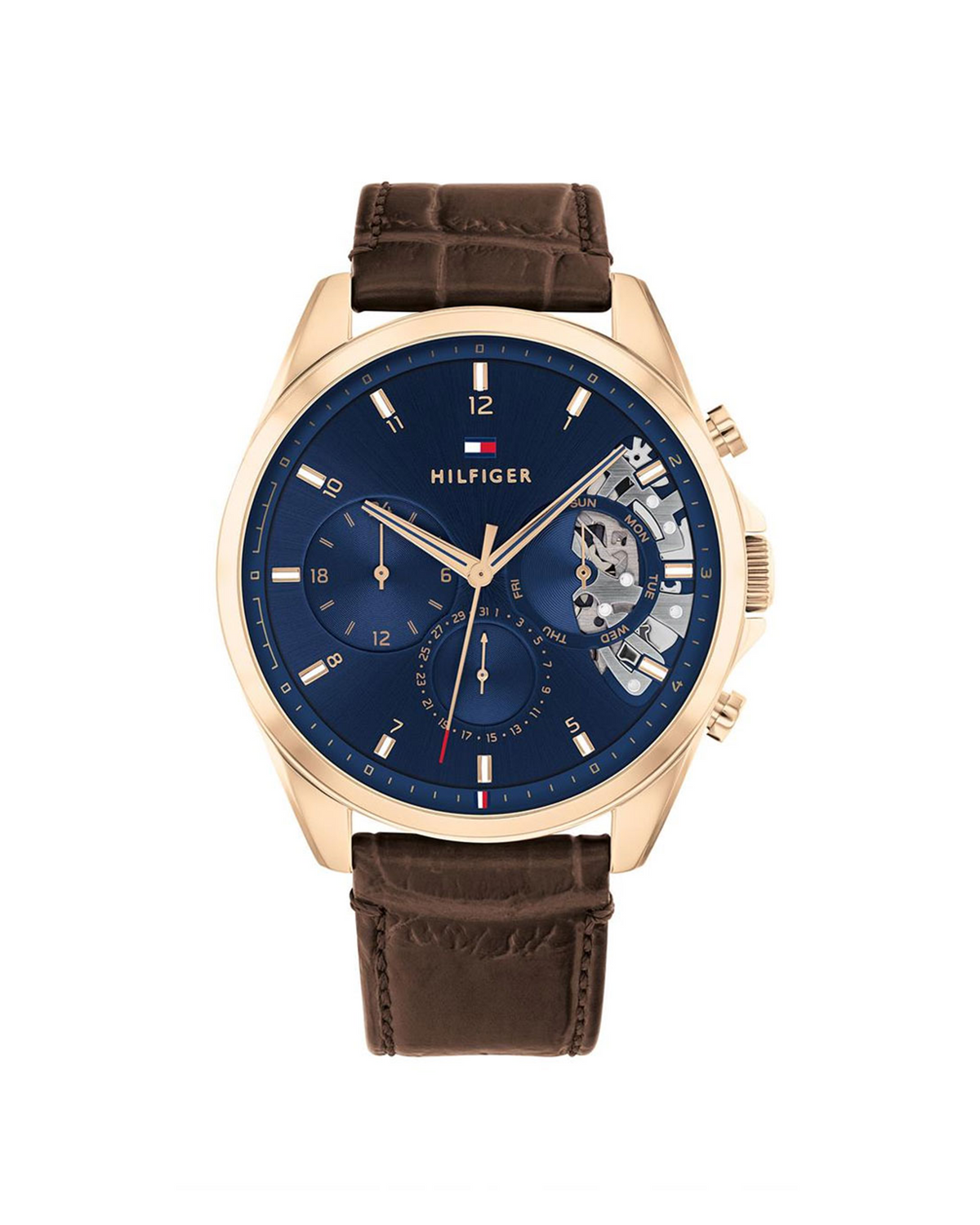 Tommy Hilfiger Baker 1710453 watch, blue dial, gold-tone case, brown leather strap - front view