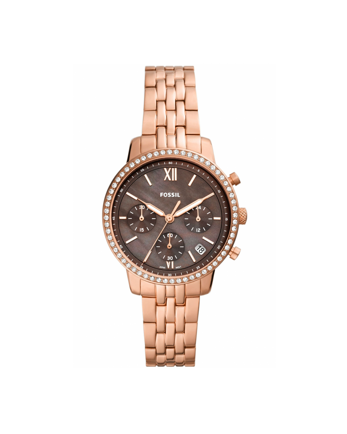 Fossil Neutra Chronograph ES5218 rose gold-tone watch, front view of mother-of-pearl dial