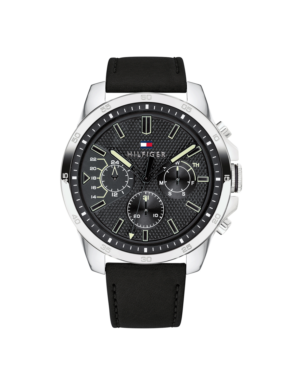 Tommy Hilfiger Decker 1791563 men's stainless steel watch with silver dial and calfskin leather strap