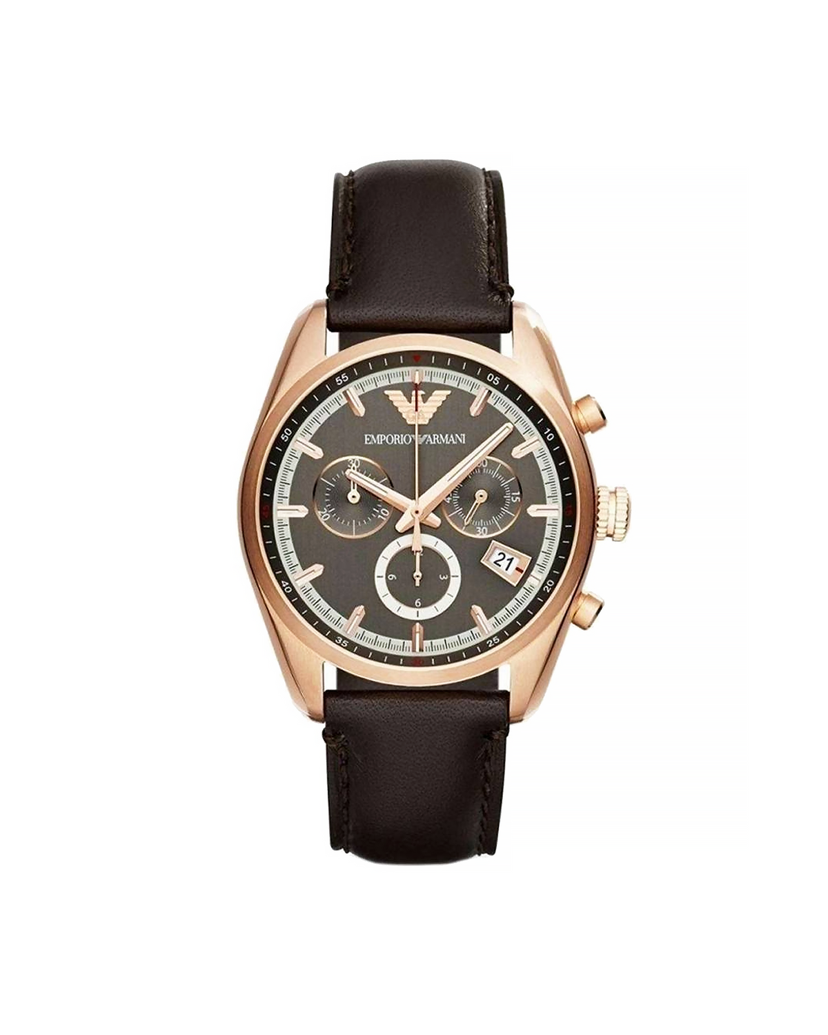 Emporio Armani AR6043 Sportivo watch, gunmetal dial, rose gold-tone case, brown leather strap