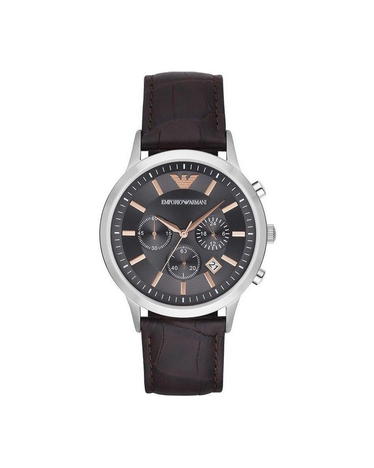 Emporio Armani AR2513 Classic chronograph watch, black dial, brown leather strap, front view