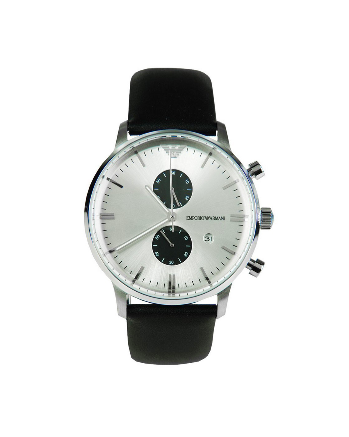 Emporio Armani AR0385 men's chronograph watch with black leather strap