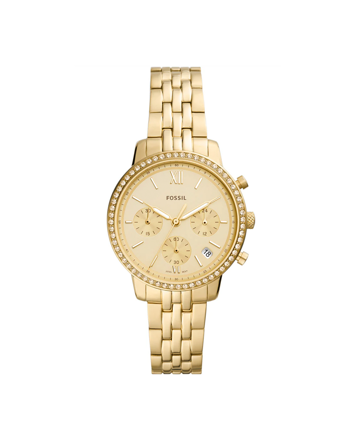 Fossil Neutra Chronograph ES5219 gold-tone watch, front view of dial