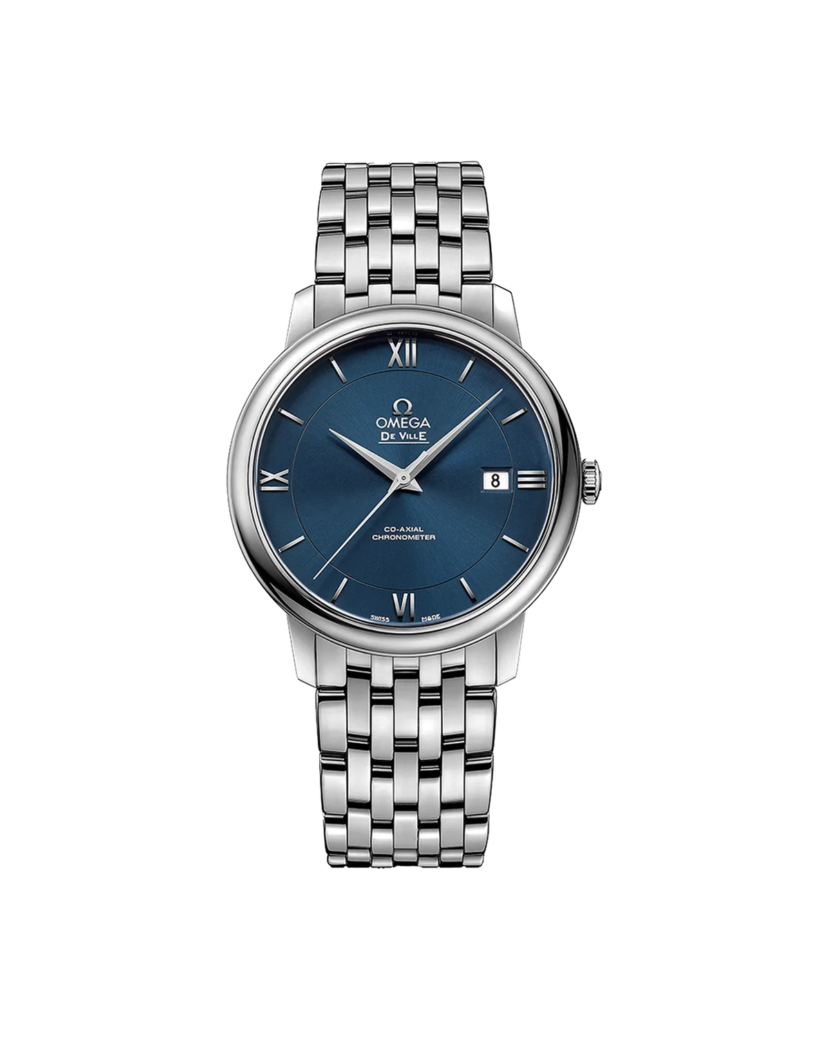 Omega De Ville Prestige Co-Axial Chronometer 424.10.40.20.03.001 - front view of blue dial and steel bracelet