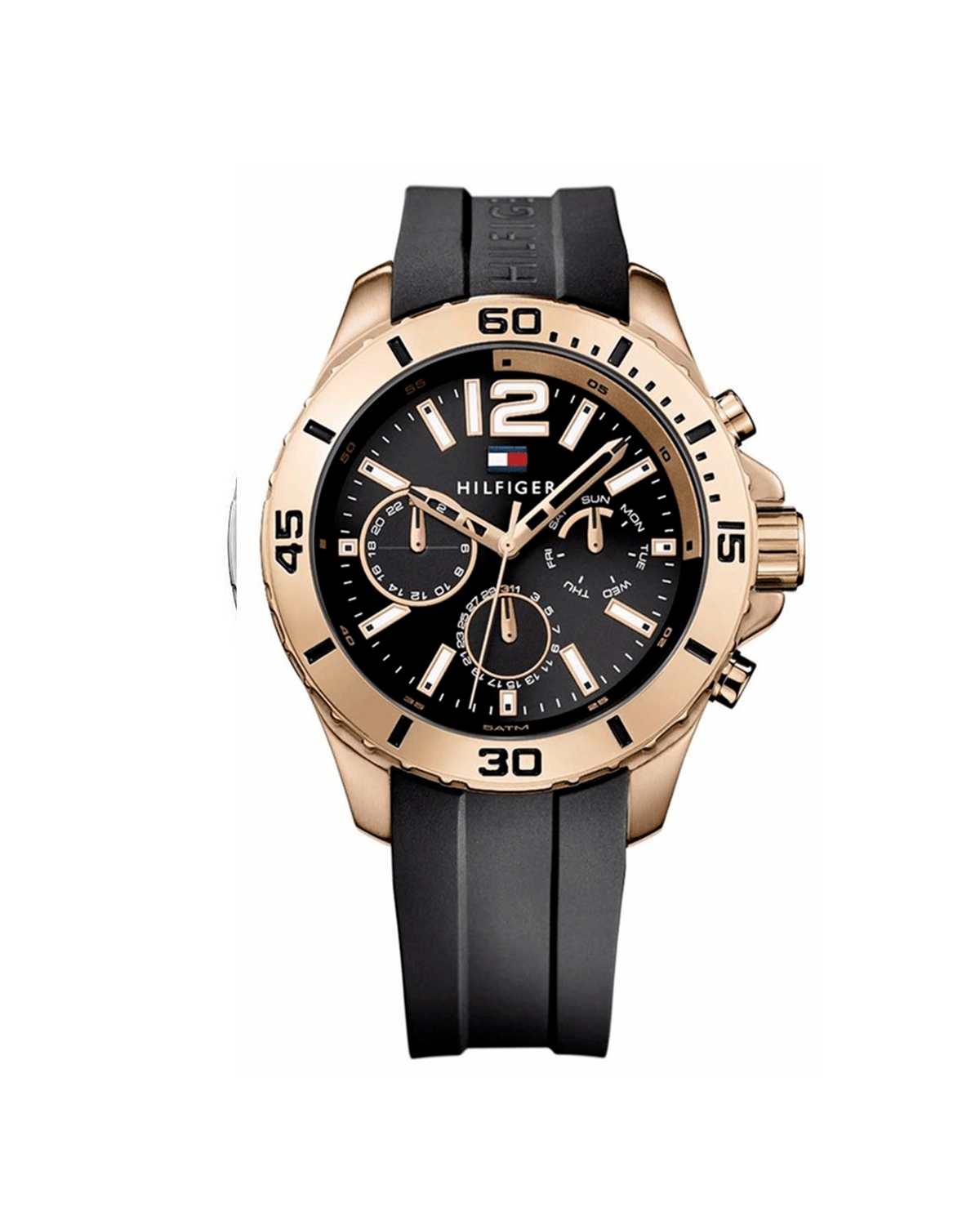 Tommy Hilfiger 1791145 — multifunction watch with black dial and black silicone strap