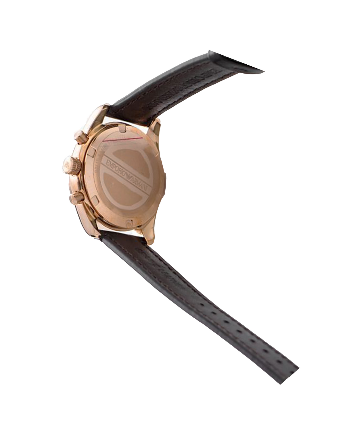 Emporio Armani AR6043 Sportivo watch on wrist, brown leather band detail