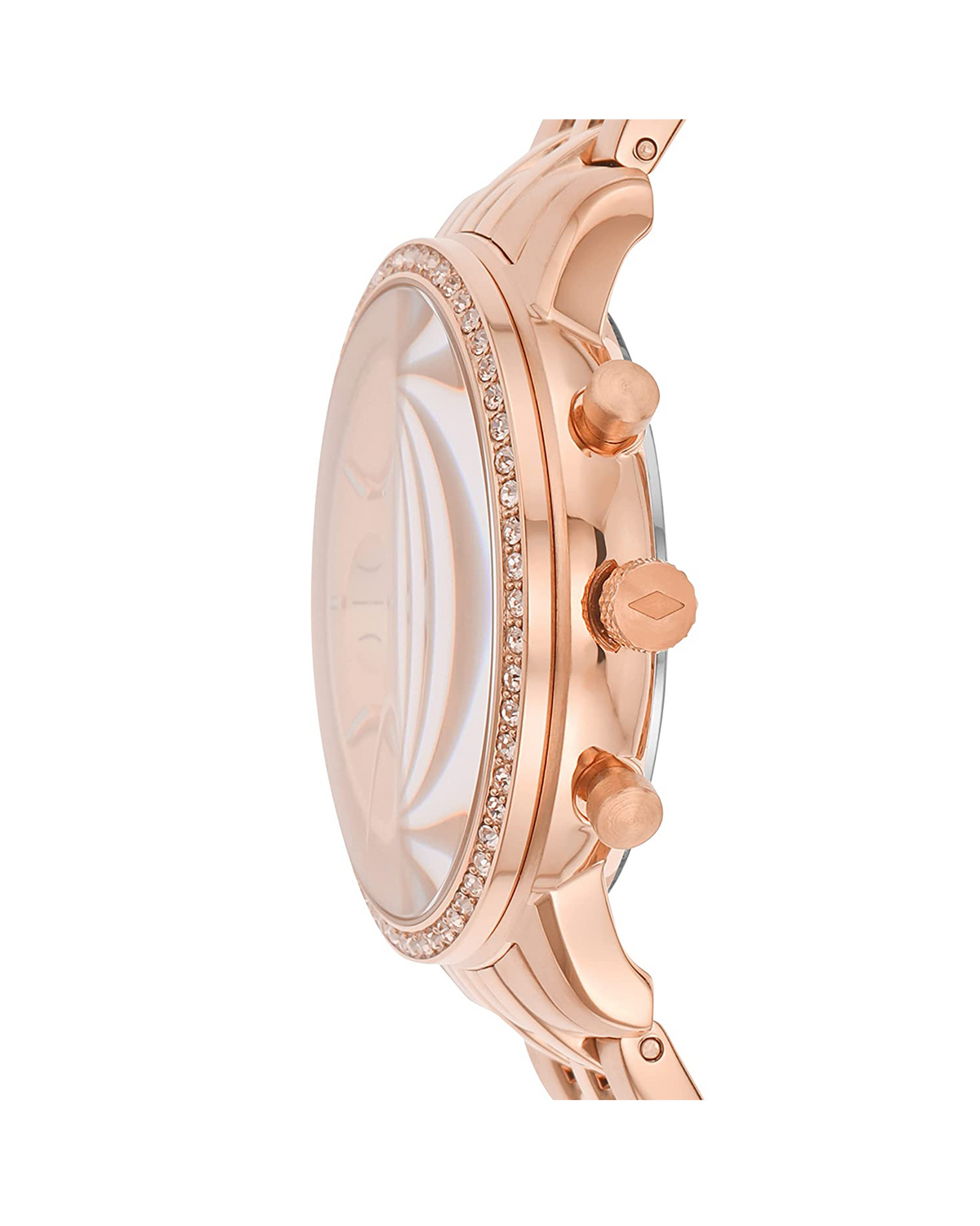 Fossil Neutra Chronograph ES5218 rose gold-tone watch, side view of bracelet and clasp
