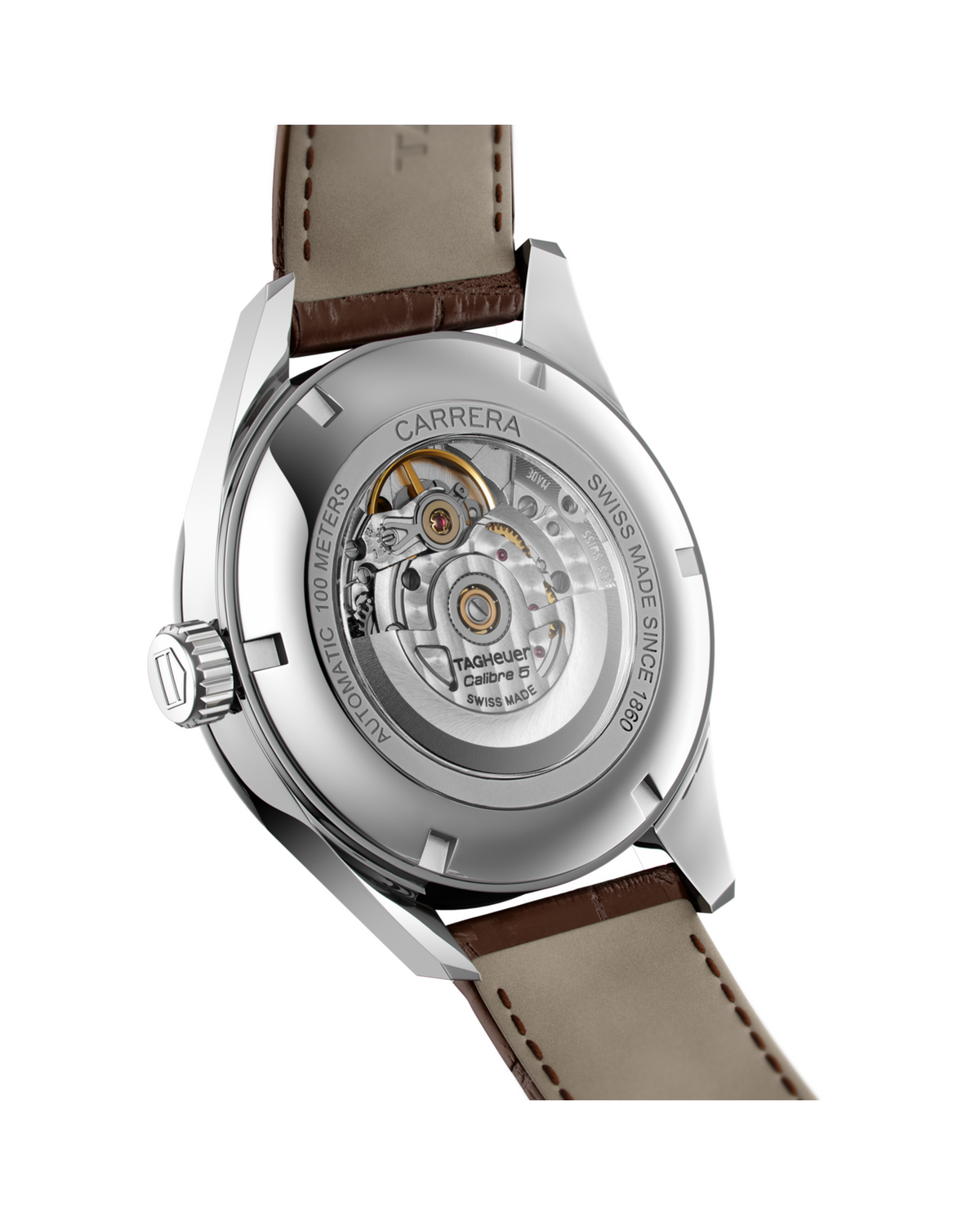 TAG Heuer Carrera WAR201D.FC6291 side view, stainless steel case with brown leather strap