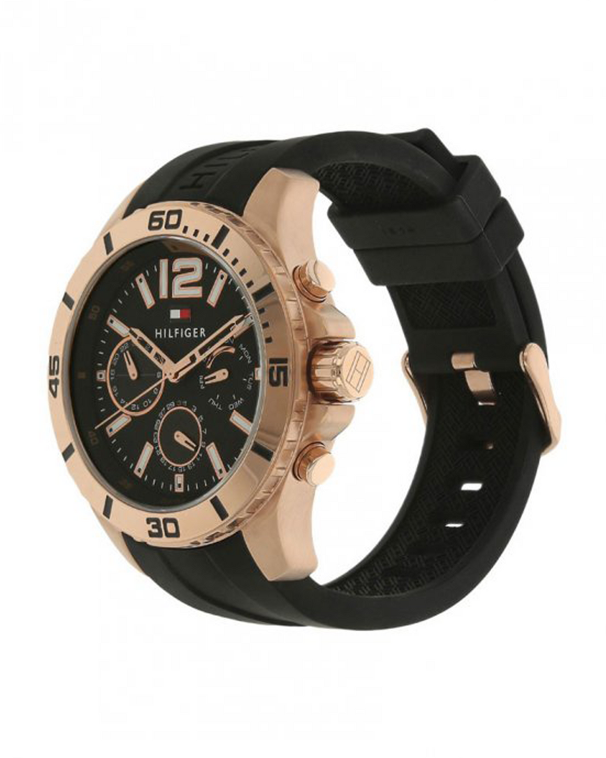 Tommy Hilfiger 1791145 — multifunction watch with black dial and black silicone strap