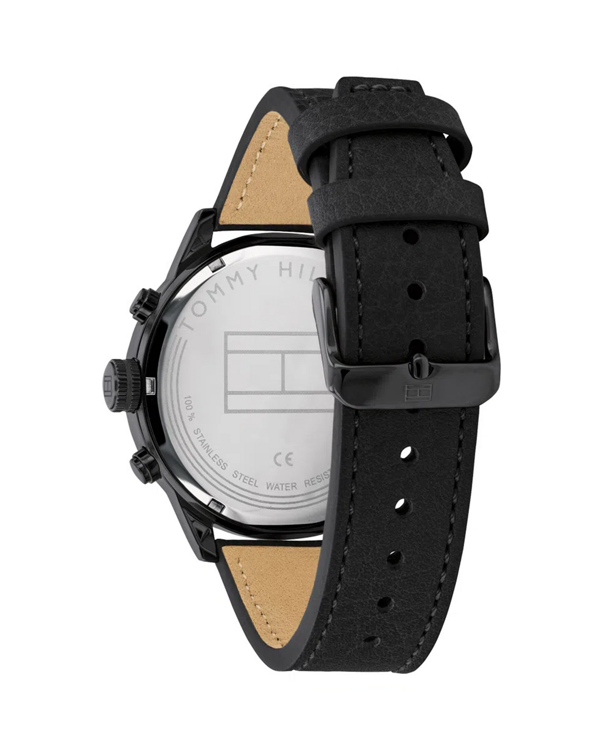 Tommy Hilfiger Icon 1791595 black dial watch with black leather strap - side view