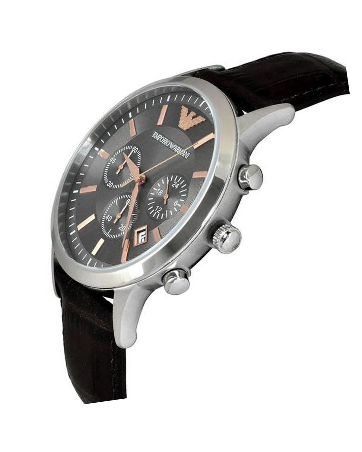 Emporio Armani AR2513 Classic chronograph watch on wrist, brown leather band