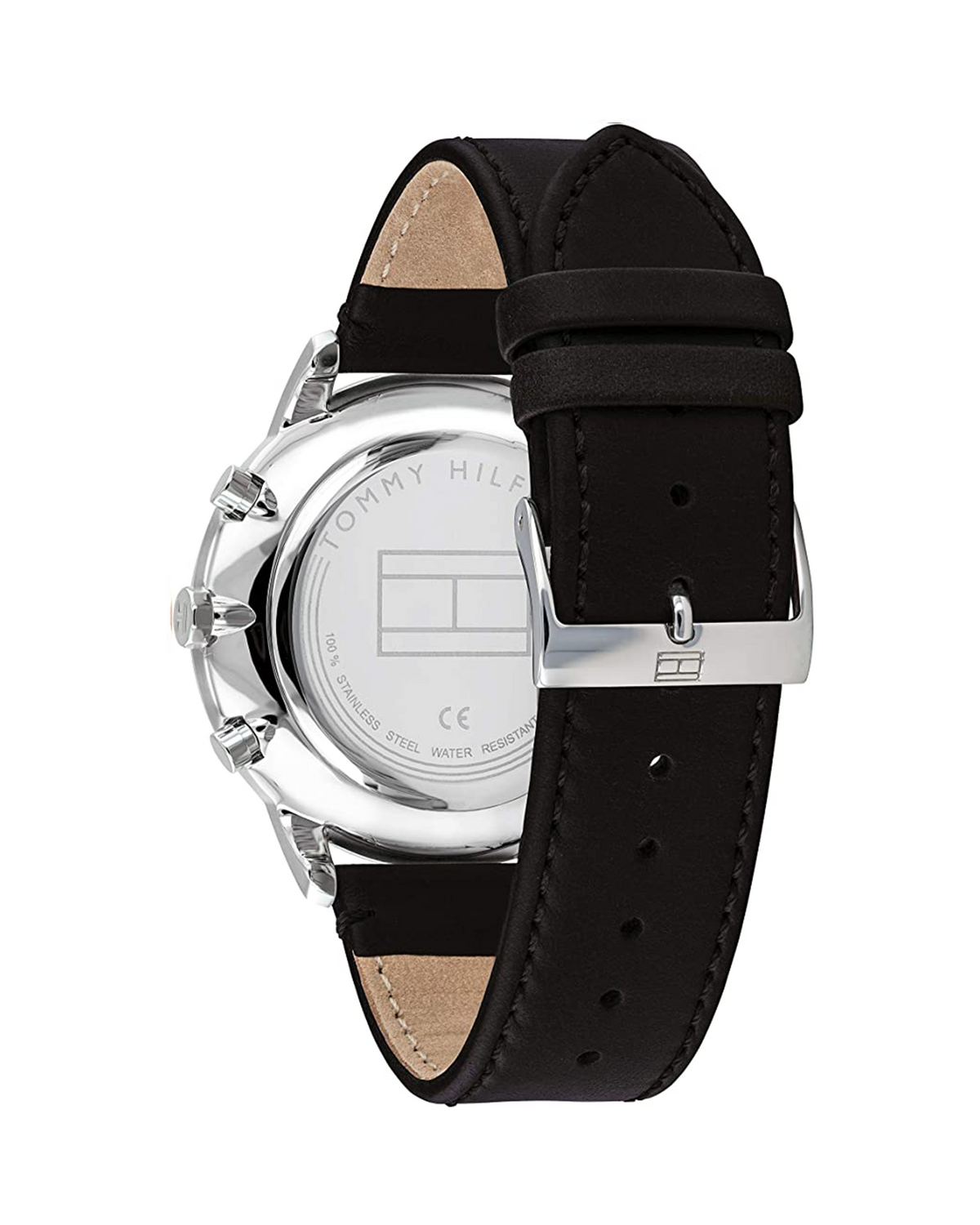 Tommy Hilfiger Hunter 1710406 watch, angled view showing black leather strap