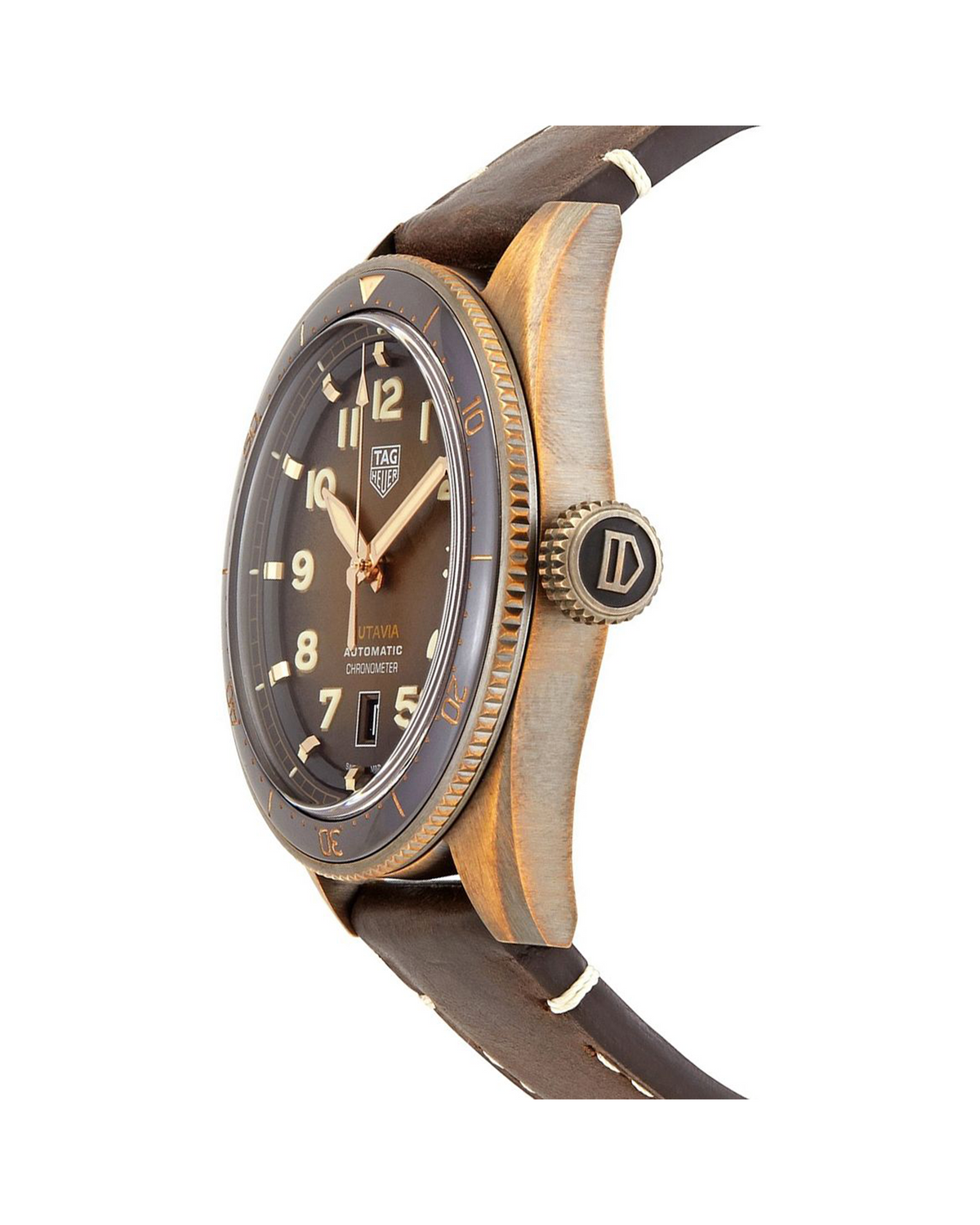 TAG Heuer Autavia WBE5191.FC8276 side view, bronze case with brown leather strap
