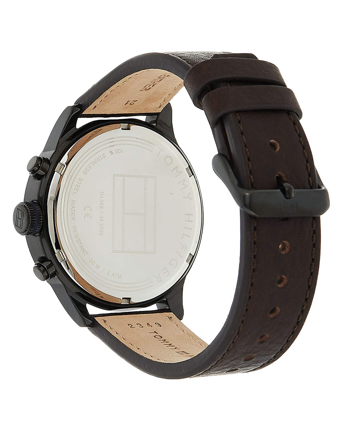 Tommy Hilfiger Icon Dual Time 1791593 watch with brown leather strap - side view