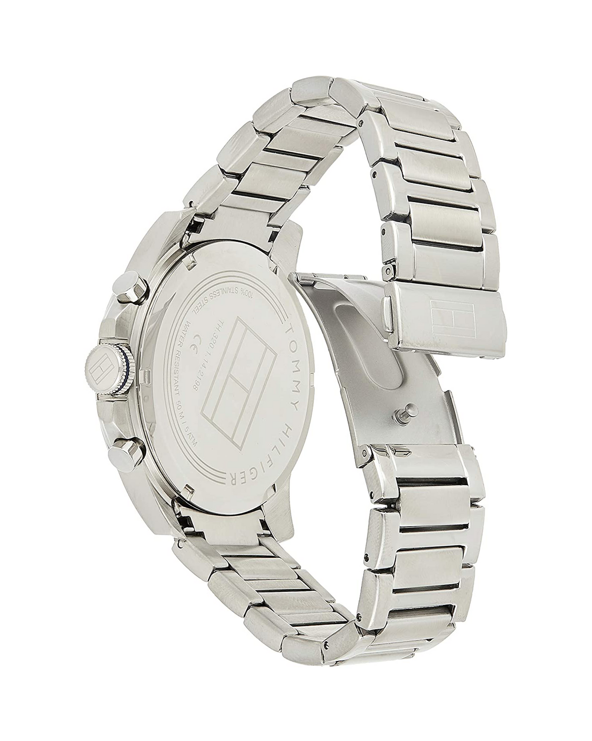 Tommy Hilfiger Decker 1791348 men's stainless steel multifunction watch with blue dial and H-link bracelet