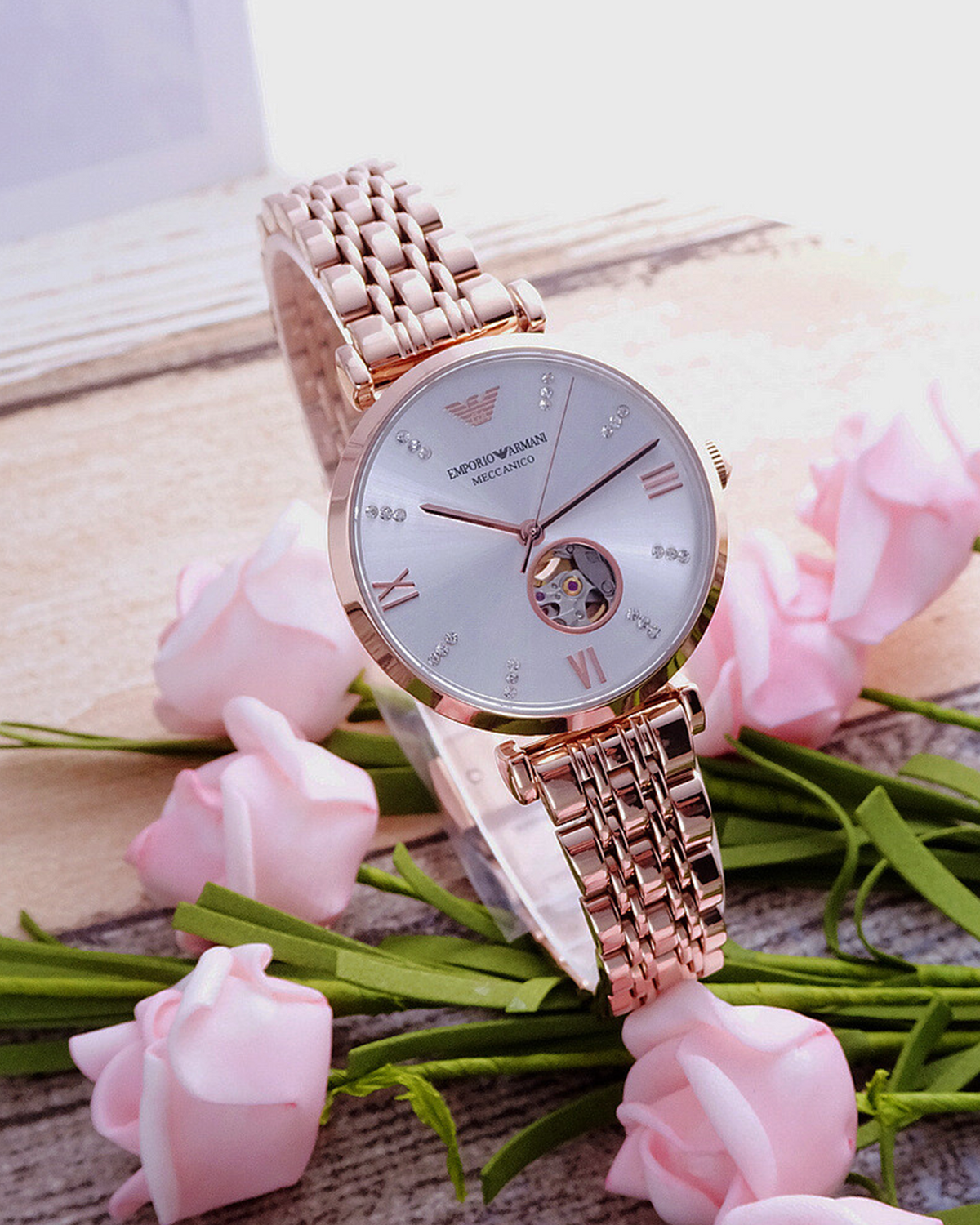 Emporio Armani AR60023 Gianni automatic watch with skeleton sub-dial and rose-gold bracelet — bracelet detail