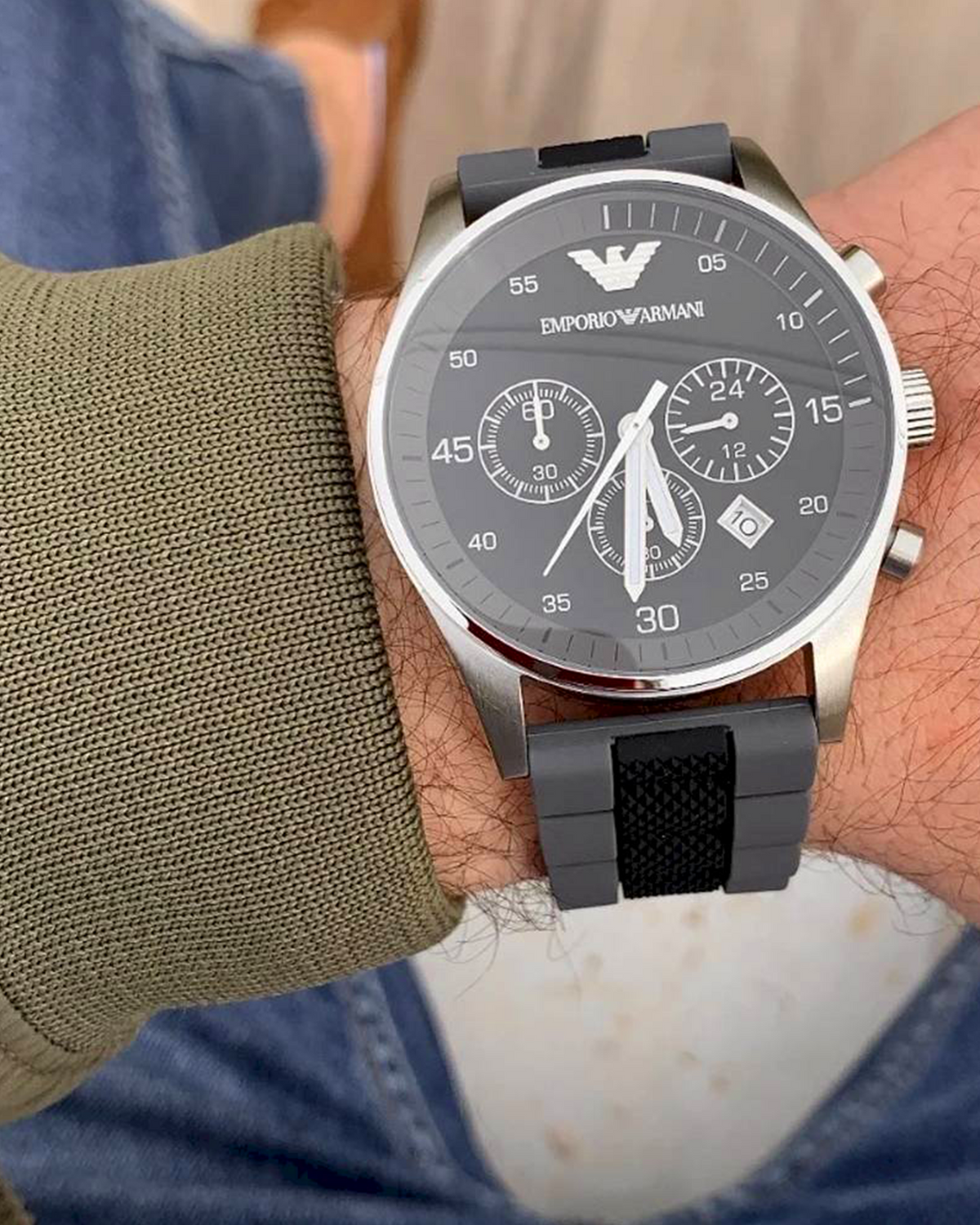 Emporio Armani AR5866 chronograph watch dial close-up