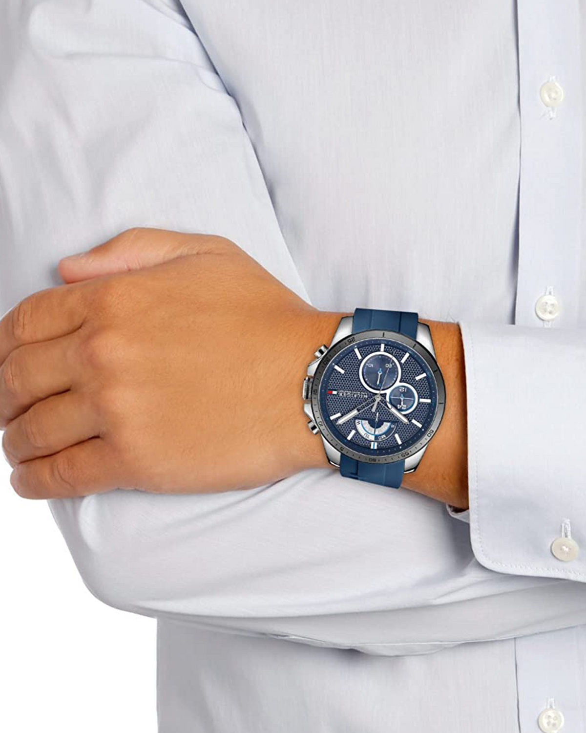 Tommy Hilfiger Decker 1791350 men's stainless steel watch with silver dial and silicone strap