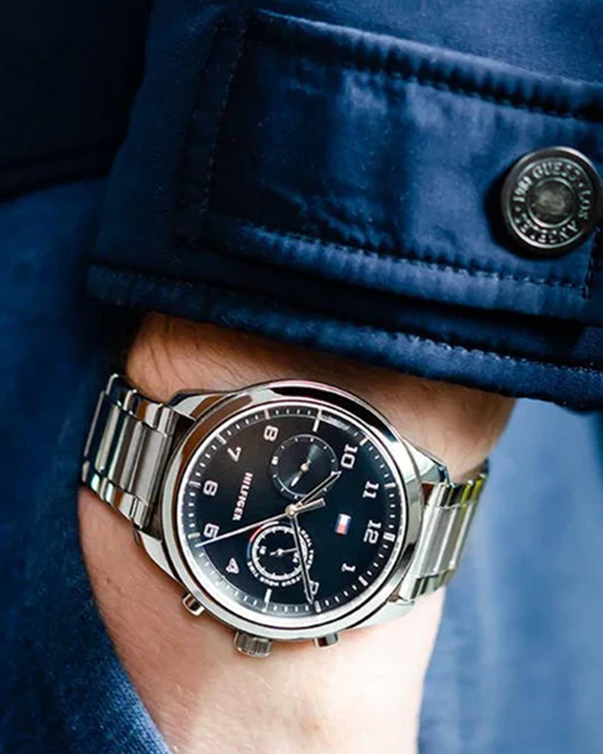 Tommy Hilfiger Patrick 1791784 silver stainless steel watch with black dial - detail view