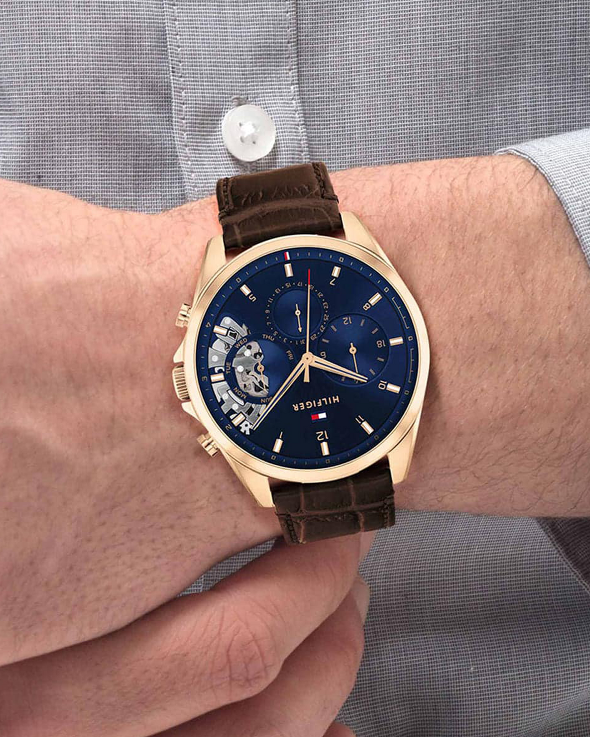 Tommy Hilfiger Baker 1710453 watch, blue dial, gold-tone case, brown leather strap - detail view