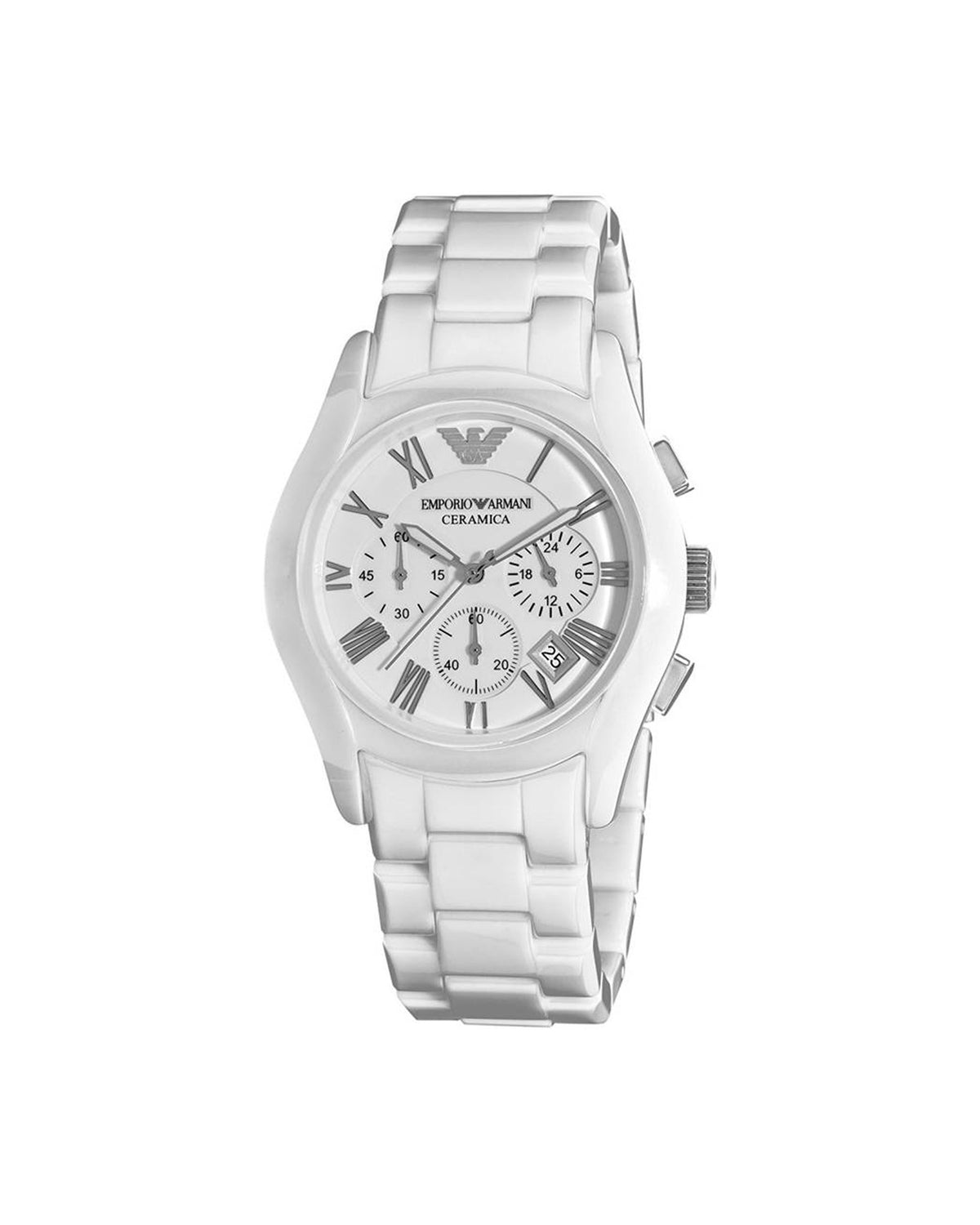Emporio Armani Ceramica AR1403 white ceramic chronograph watch – front view