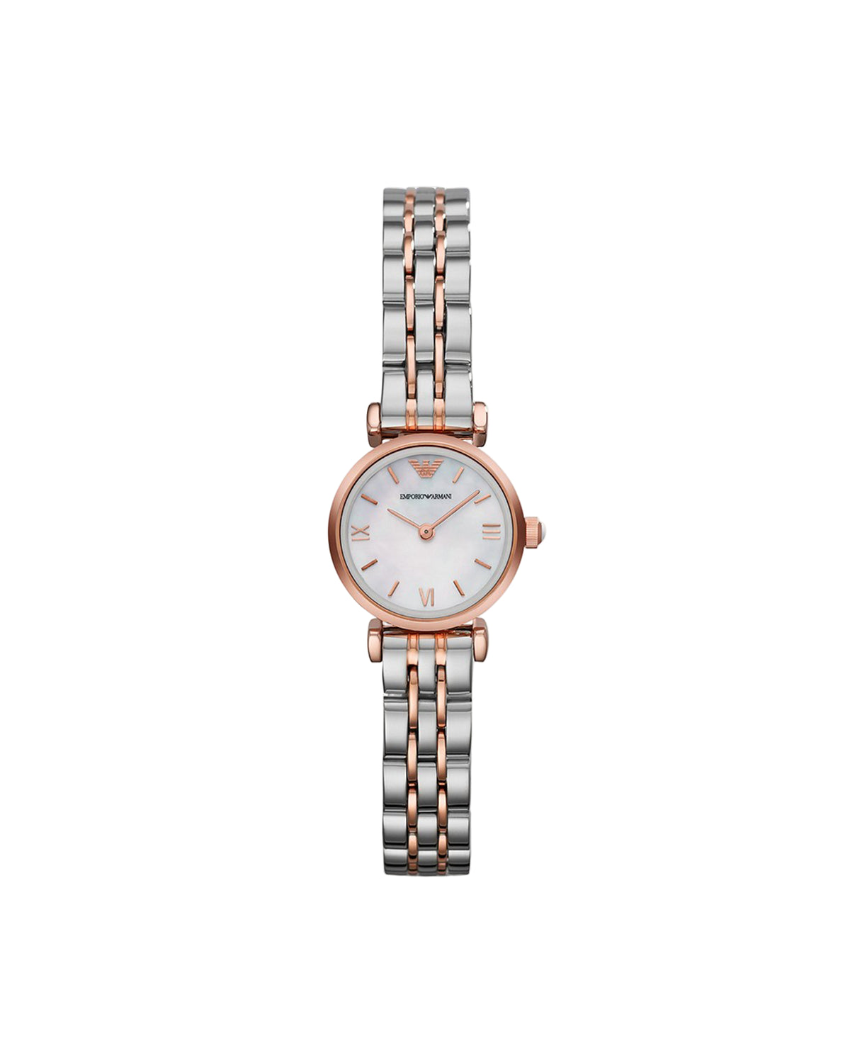 A stainless steel Emporio Armani women's watch with a white dial and a rose gold bracelet.