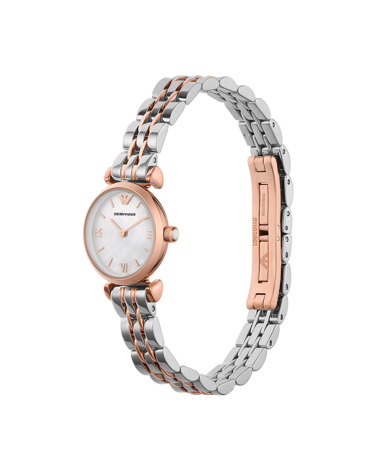 Emporio Armani AR1764 Gianni T-Bar Mini watch, close-up of white mother-of-pearl dial
