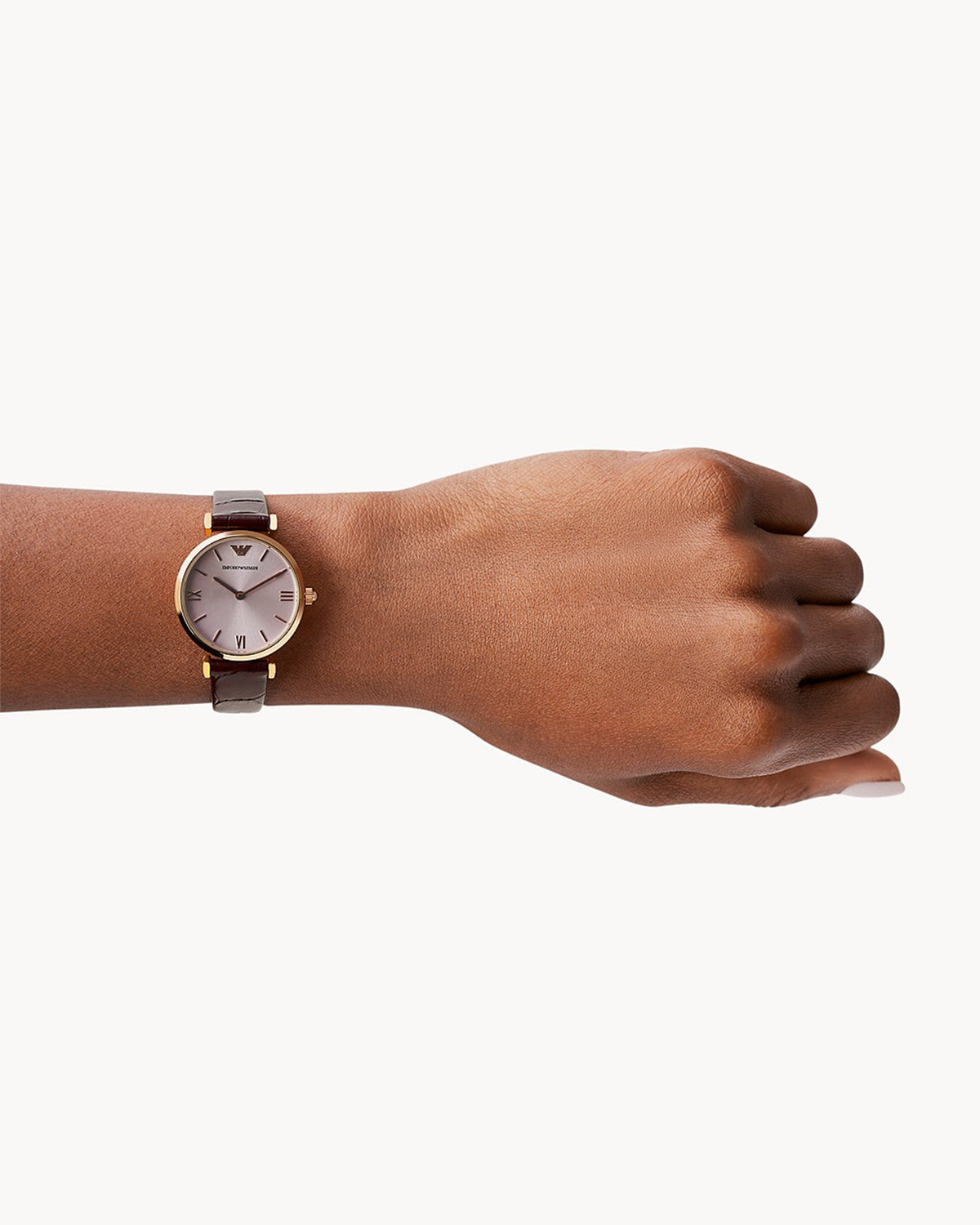Emporio Armani AR1911 watch, side profile showing brown leather strap