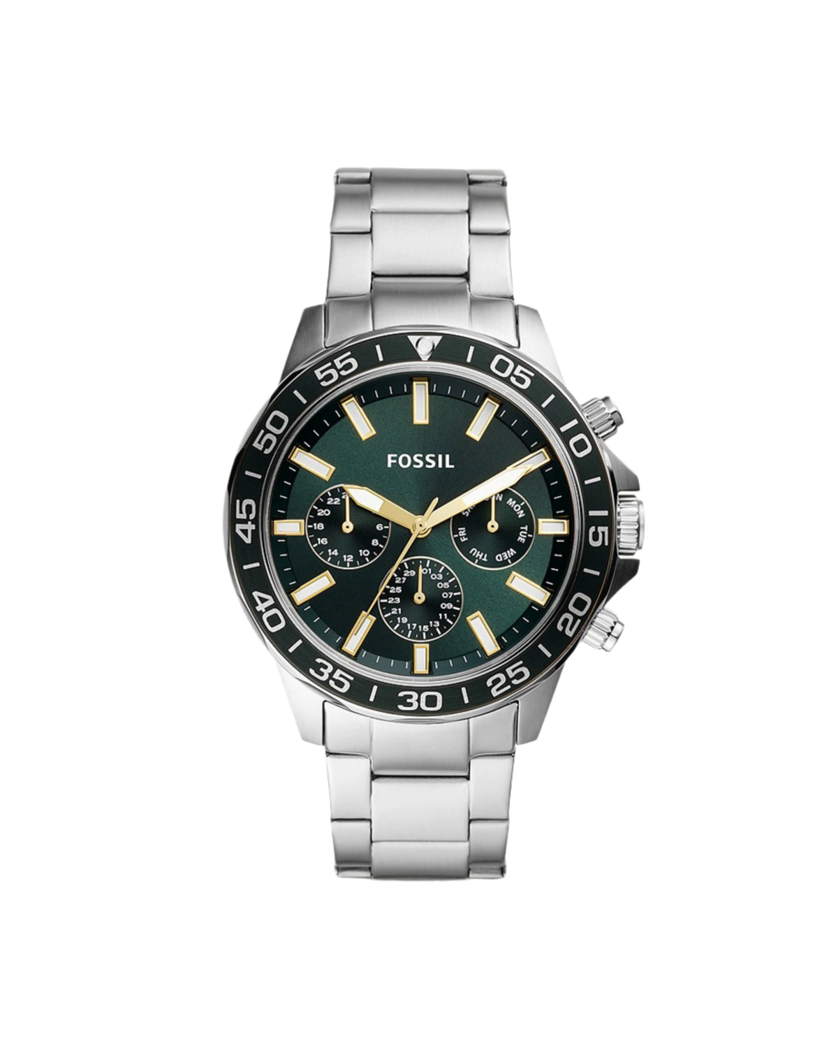 A Fossil branded watch with a green dial, silver-tone stainless steel bracelet, and a silver case.
