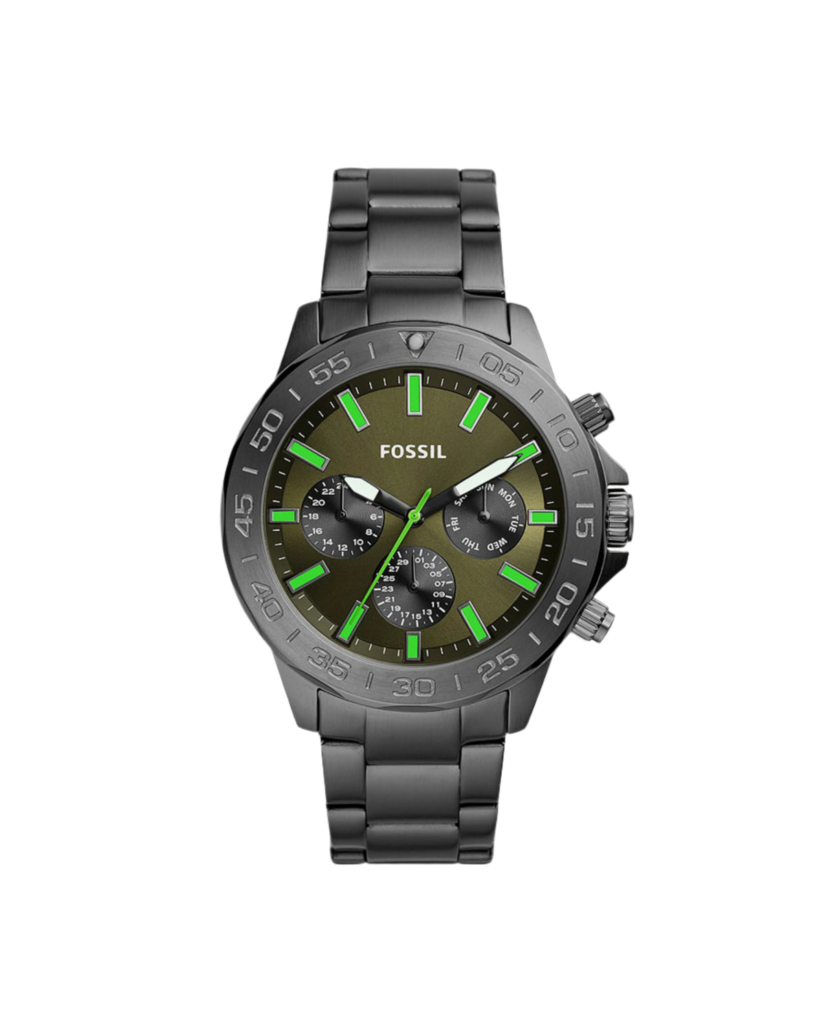 A Fossil brand men's chronograph quartz watch with a green dial and stainless steel band.