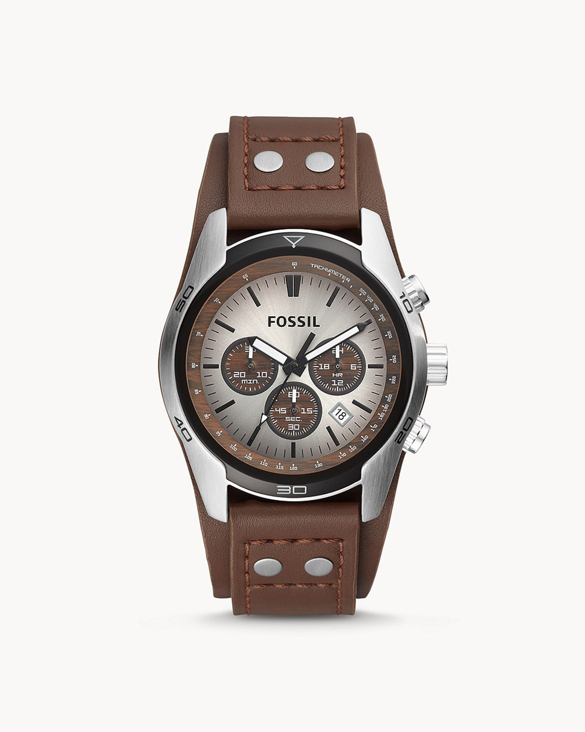Fossil Coachman Chronograph CH2565 (45mm, Silver-Tone, Tan Leather Cuff)