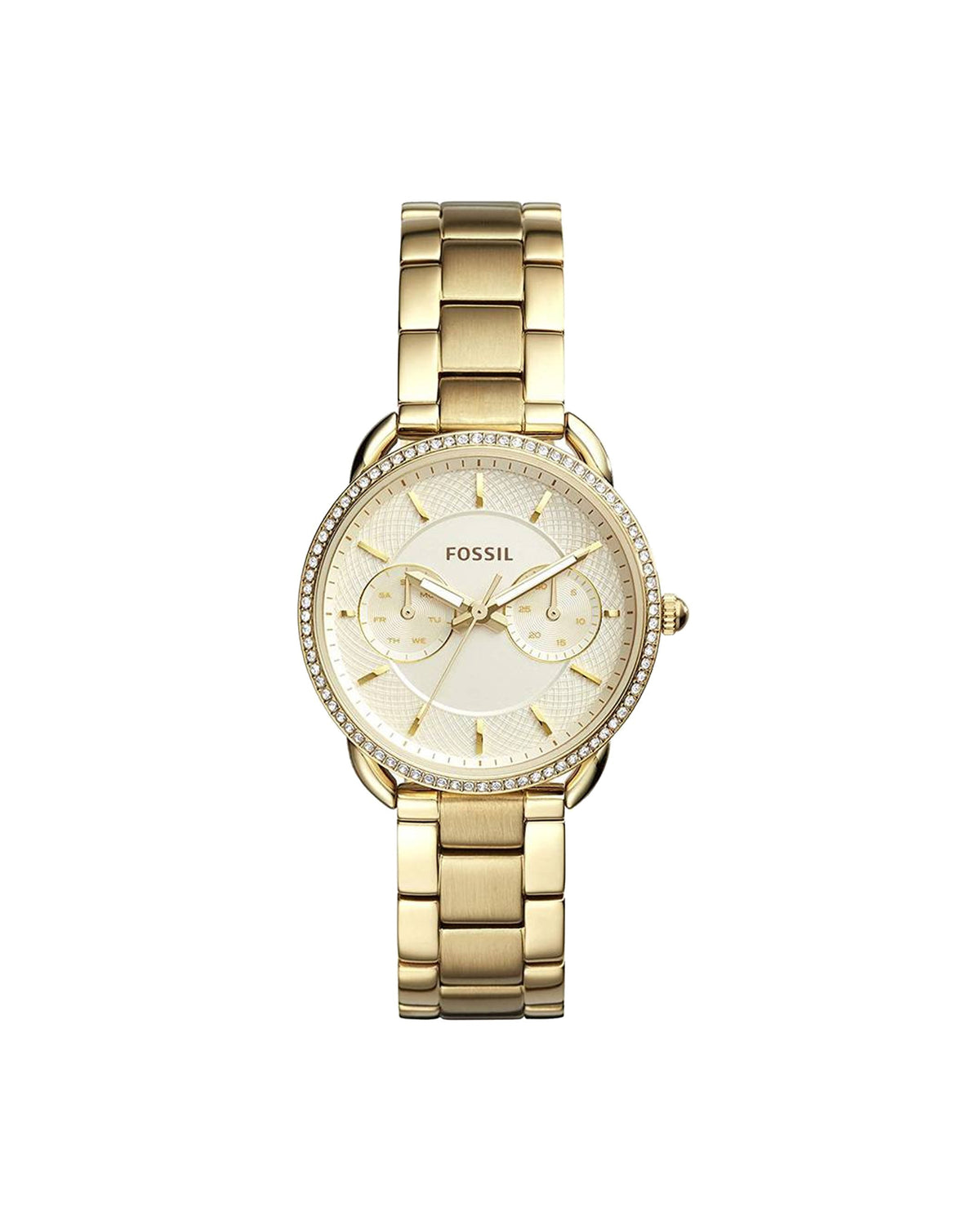 Fossil Tailor ES4263 gold-tone watch, front view of crystal bezel and white dial