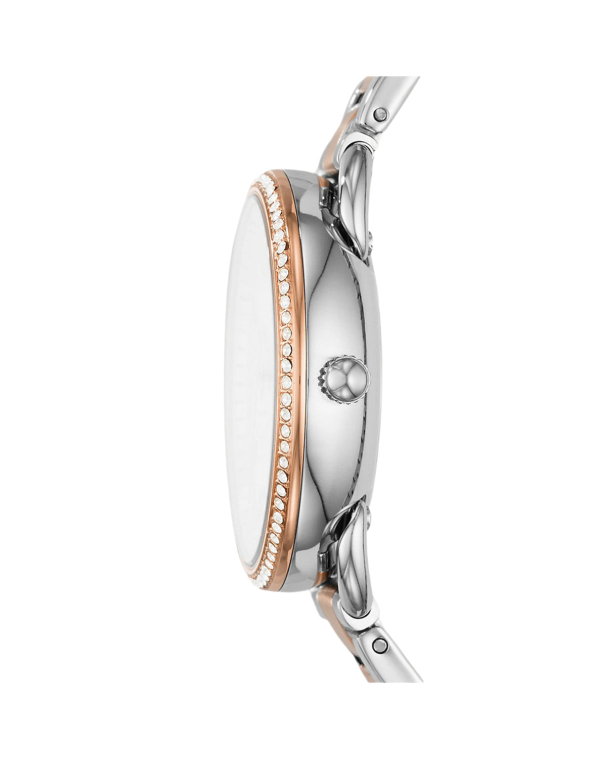 Fossil Tailor ES4396 two-tone watch, side view of bracelet and clasp